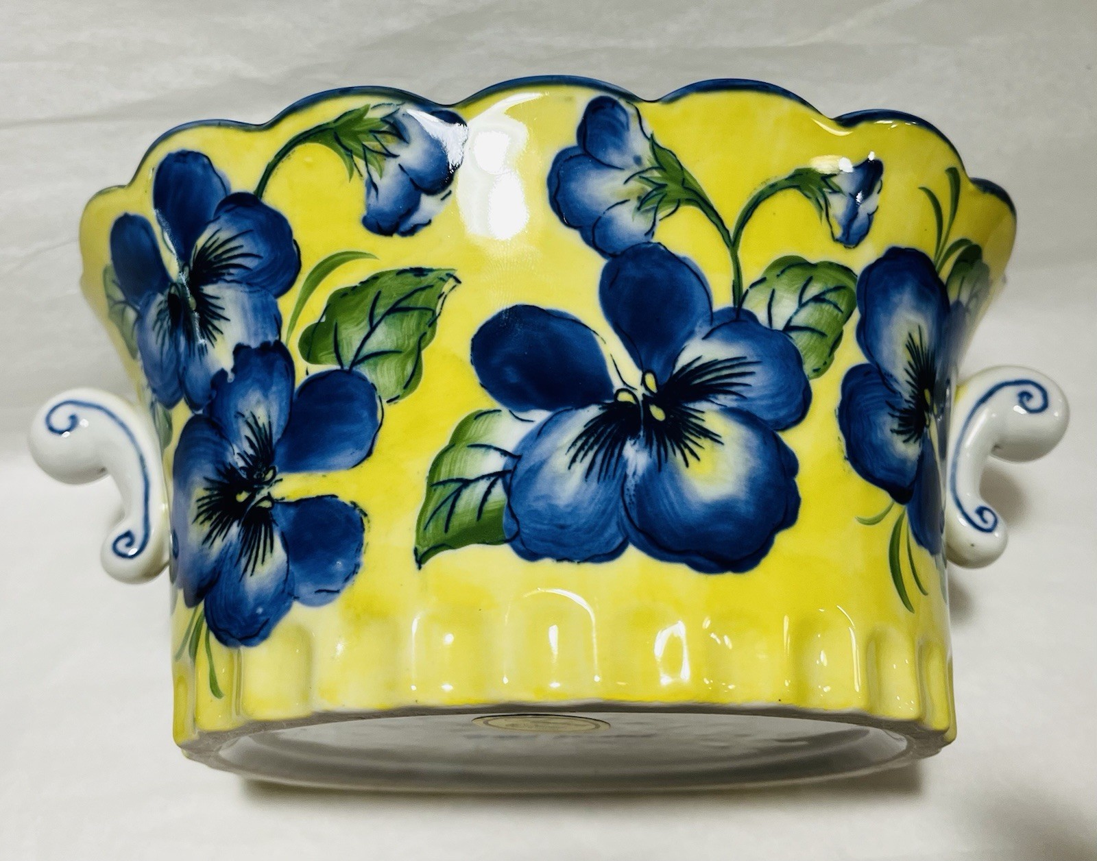 Andrea By Sadek Blue Pansy Flower Cachepot Planter 4H x 7Lx5W Handpainted Yellow