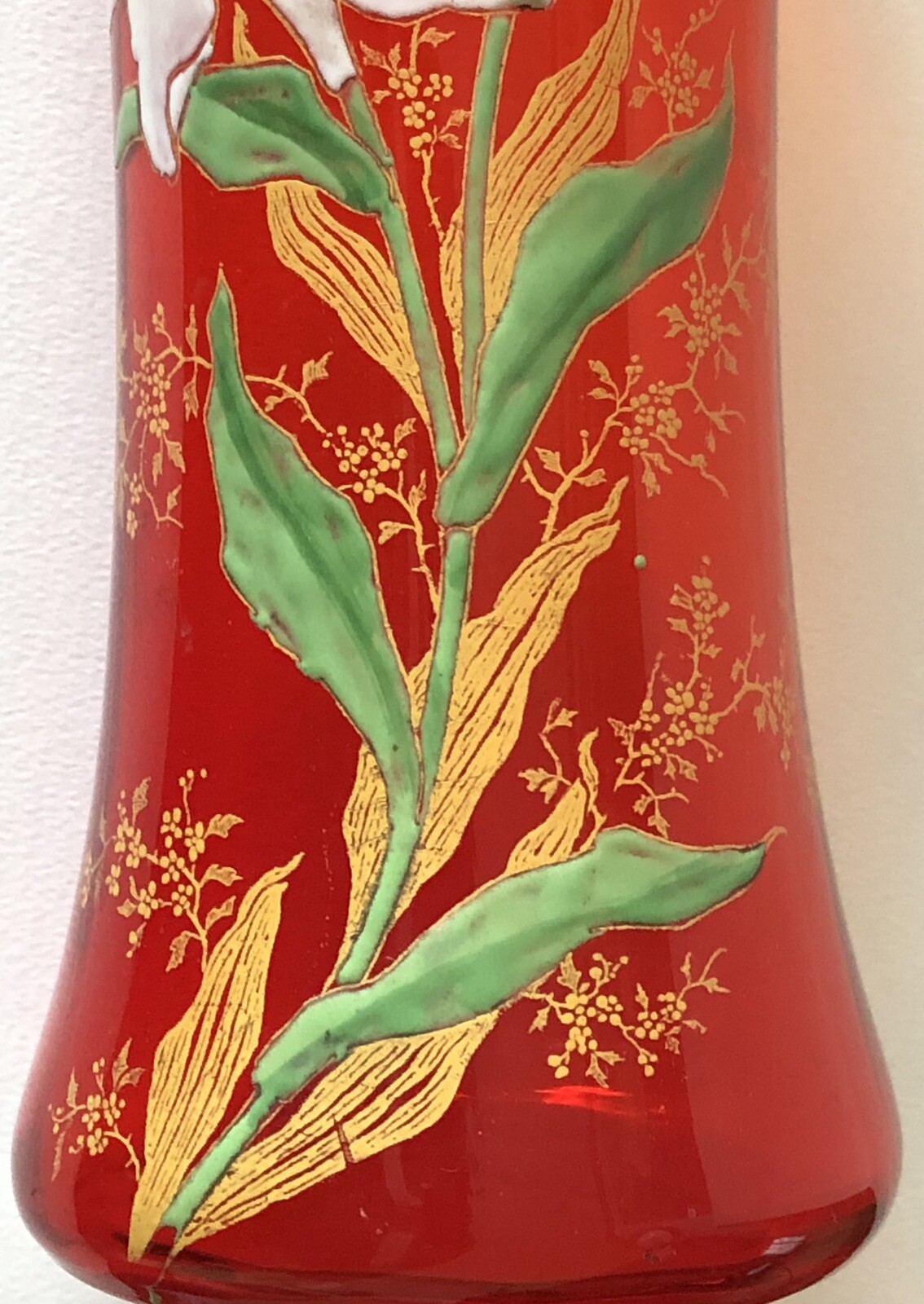 Antique Mont Joye Legras Art Glass Vase Easter LILY Heavy Hand Painted Enamel
