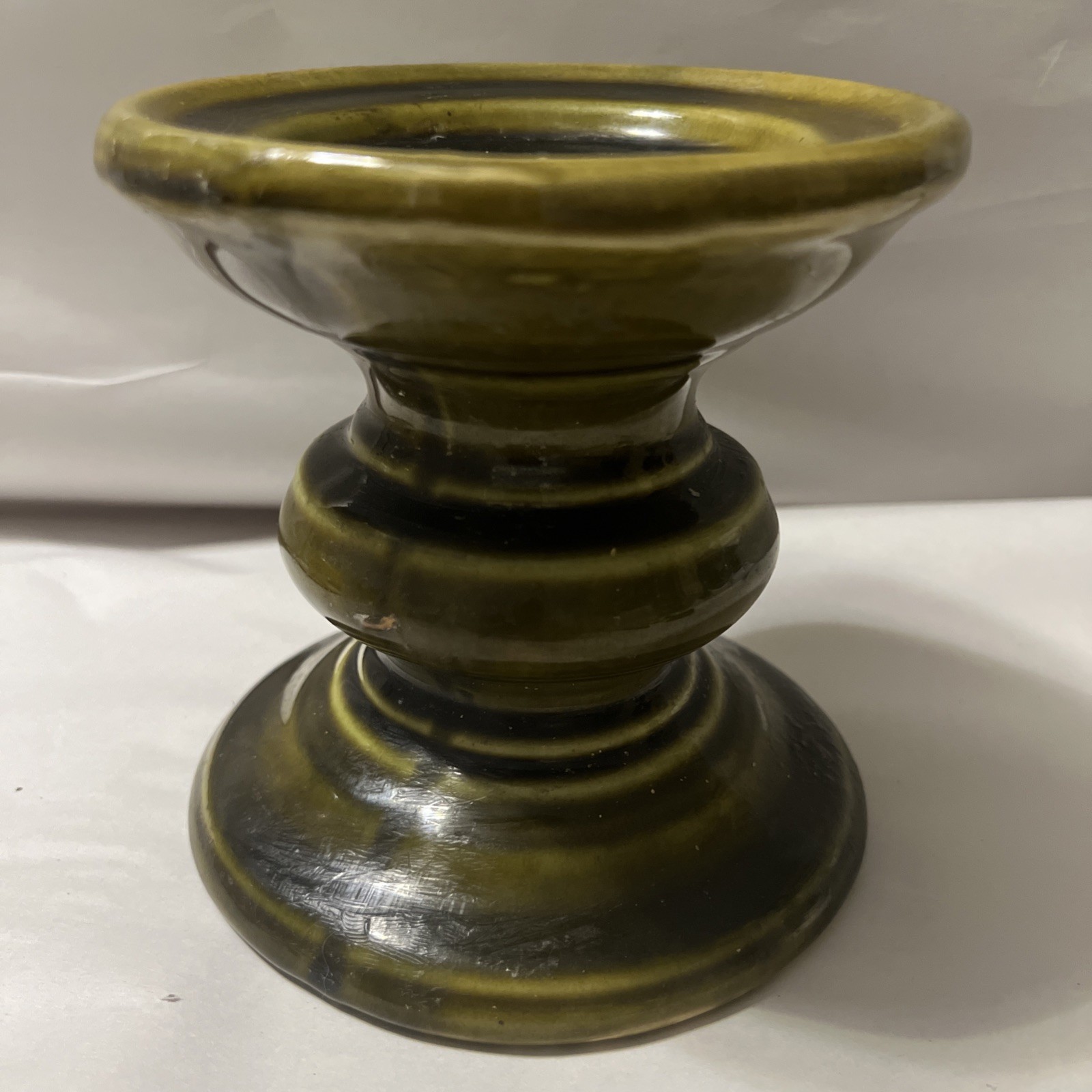 Vintage Olive Green Ceramic Pillar Candle Holder 5 1/4 X 5 1/2 Inches