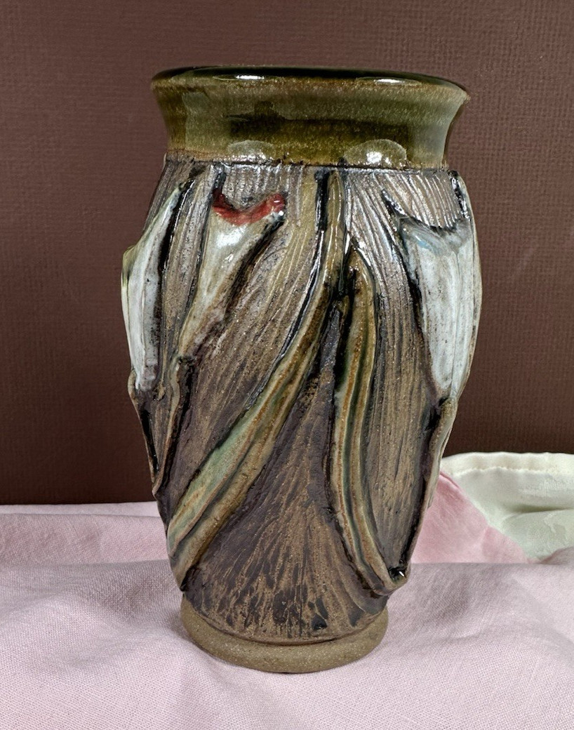 Studio Art Pottery Glazed Vase 3D all over Calla Lilies Signed by Artist 6″ Tall