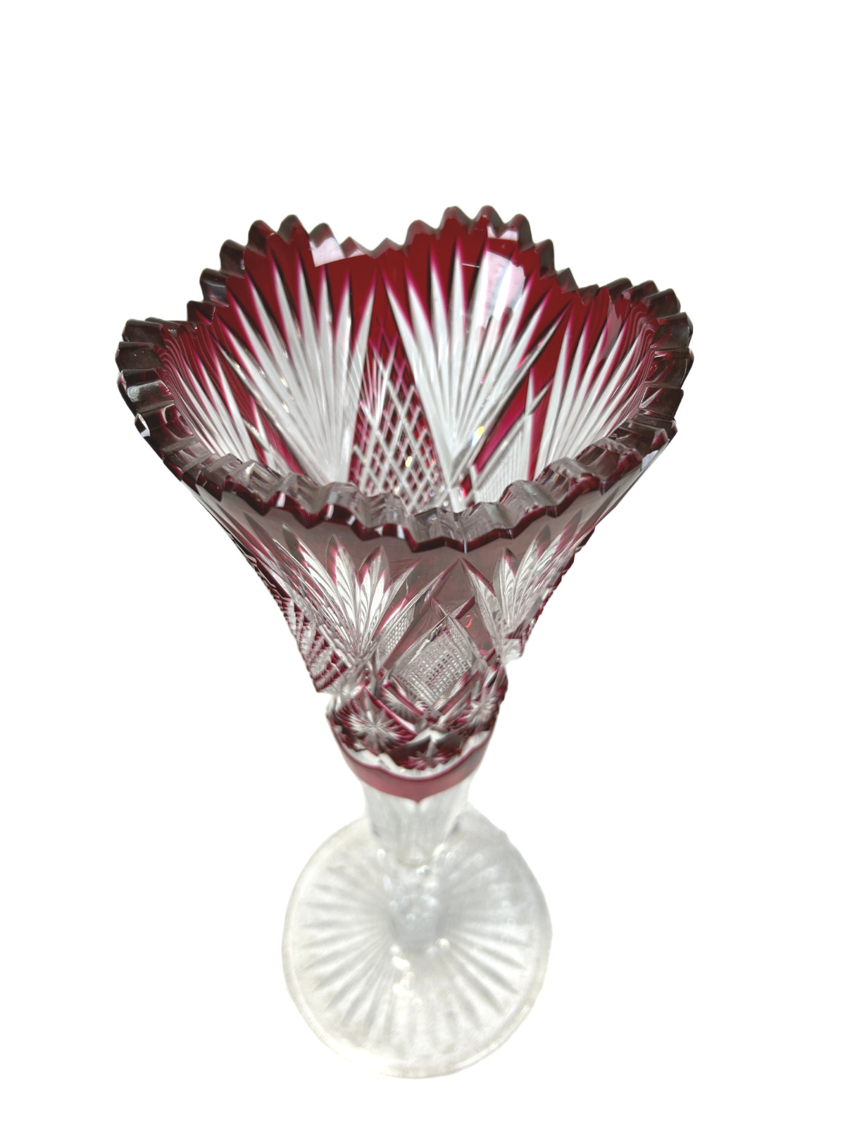 1900s Libbey Brilliant Period Cranberry Cut to Clear Harvard Pattern 14″ Trumpet