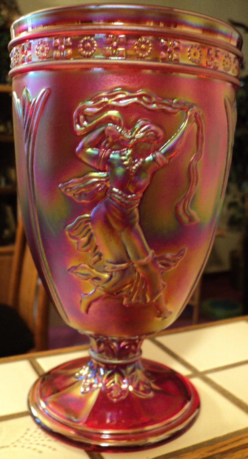 FENTON RED IRIDESCENT DANCING LADIES VASE / WINE ART GLASS VINTAGE BEAUTY