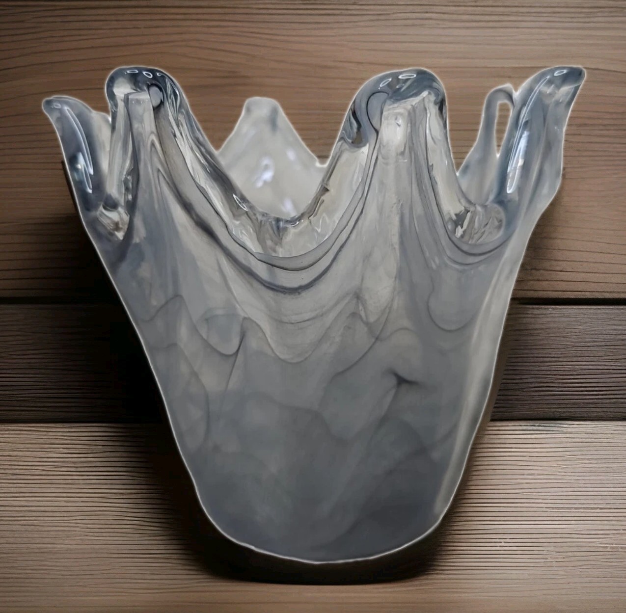 Murano Clear & Gray Marble Art Glass Handkerchief Ruffle Vase Bowl 5” Kitsch
