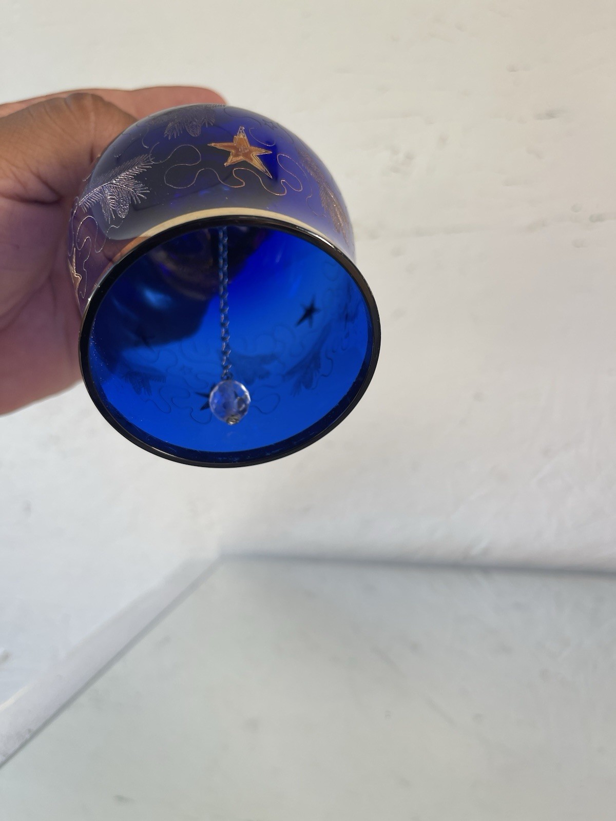 Blue Glass Decorative Bell with Gold Star Design and Clear Handle