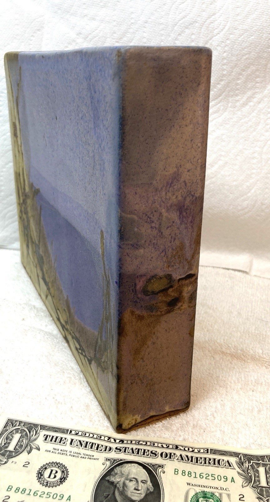 RARE! MCM Signed But Illegible 1962 Studio Ceramic Slab Vase With Seascape Motif