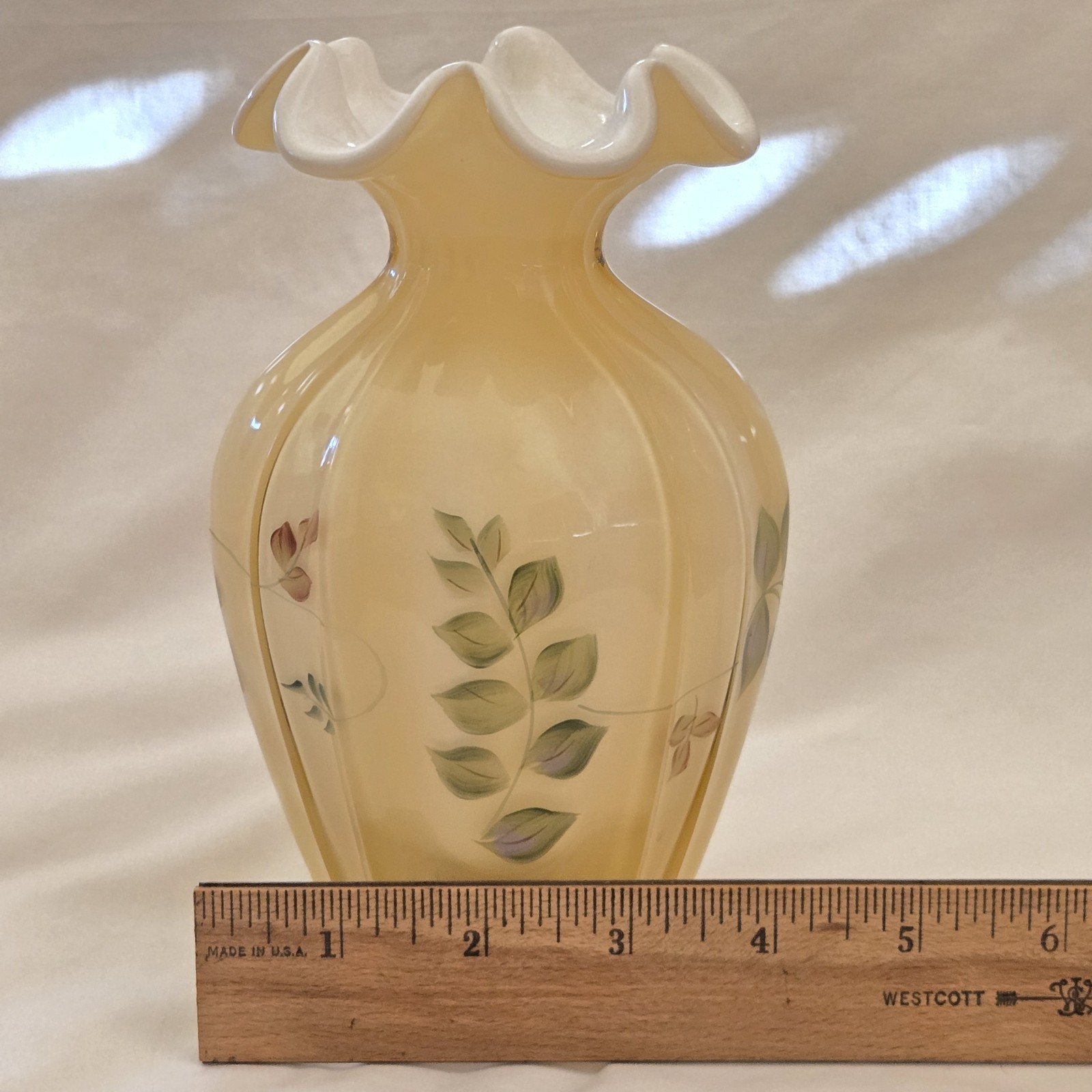 Fenton Fluted Vase Honey Cased Art Glass Handpaint Signed S. Stephens 7” Tall