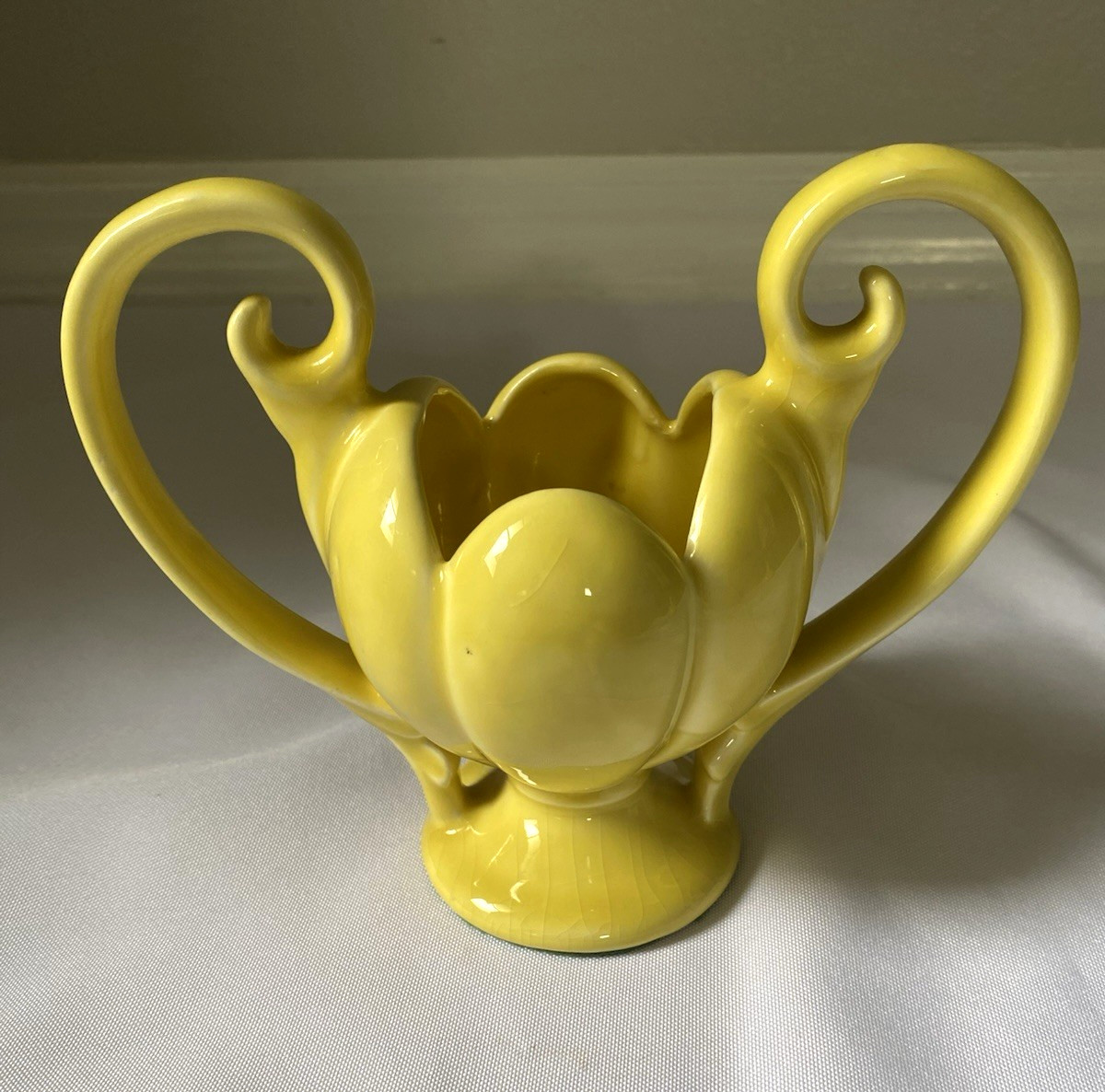 Mid Century Vintage Camark Pottery Small Tulip Vase With Handles Buttery Yellow