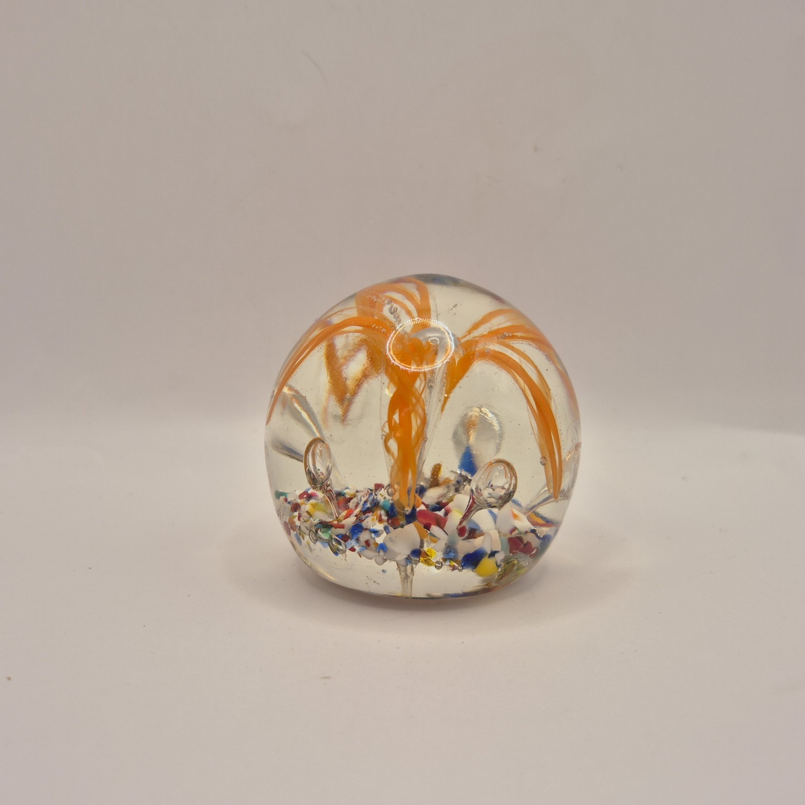 Art Glass Crystal Paperweight with Confetti Flower, Unsigned