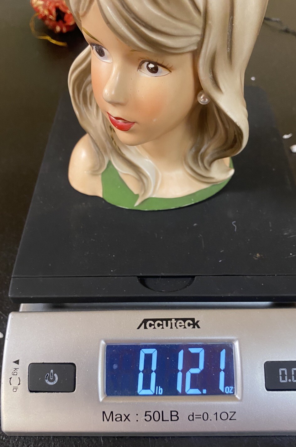 Vtg RELPO Lady Teen Head Vase K1838 Bow in Hair Pearl Earring Green Sleeveless