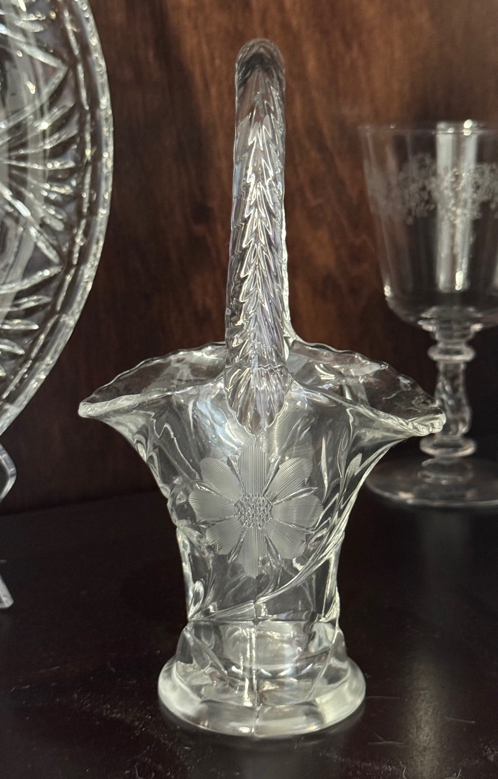Vintage Duncan Miller Glass Basket Flower Cutting Pressed Leaves Elegant 1920’s