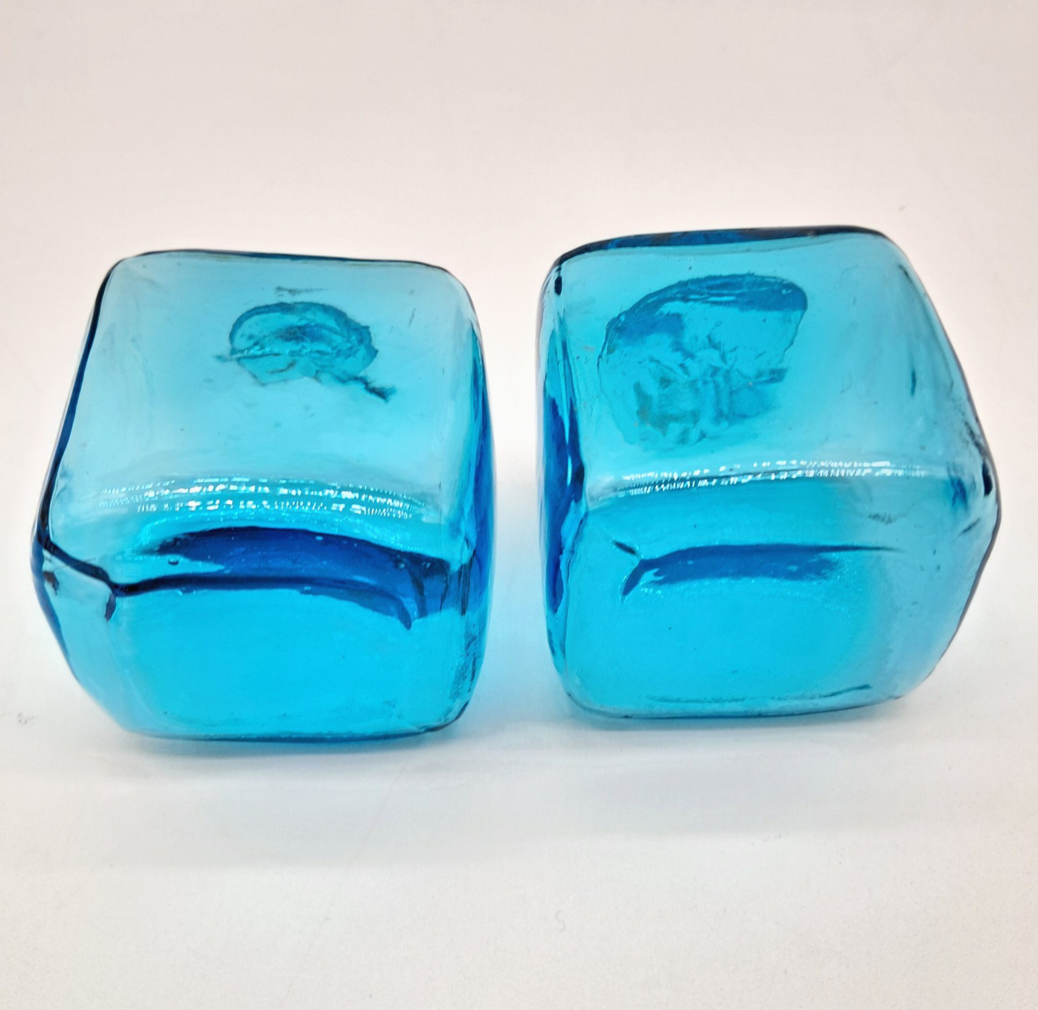 Lot of 5 Vintage Blenko Hand Blown Art Glass Cubes 3 Green 2 Aqua Blue MCM Retro