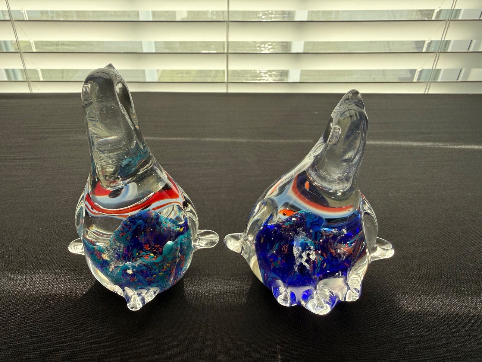 2 Vintage Glass Seal Paperweights Clear and Blue with Fish Inside