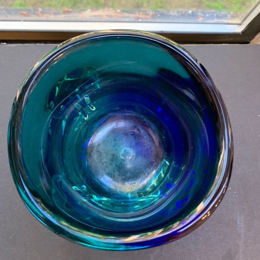 Hand Blown Signed Bowl/Vase Blue Green SUPER HEAVY – Stunning 5.5×4.5″ Siraso???