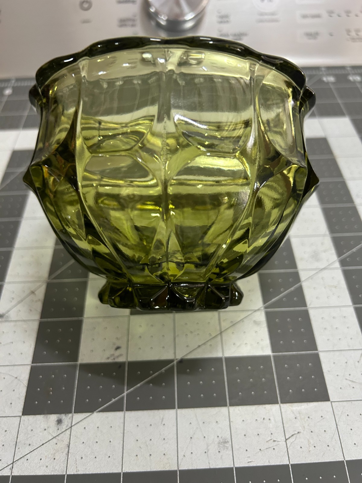 VINTAGE MCM Fenton Avocado Green Glass Covered Candy Dish 12 Facet Footed