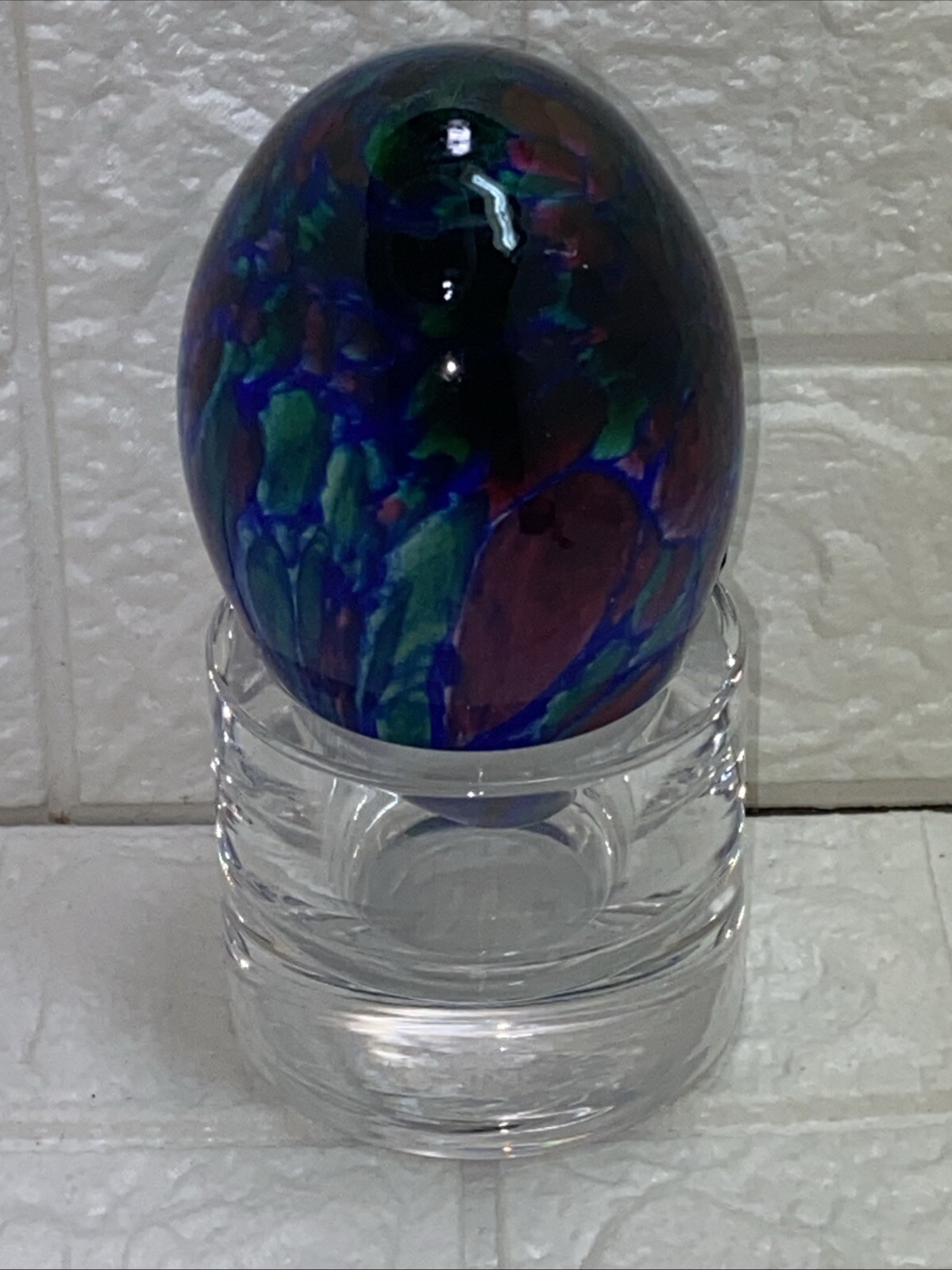 Vintage Adam JABLONSKI Art Glass Egg Shaped Paperweight Poland W/Atlantis Stand