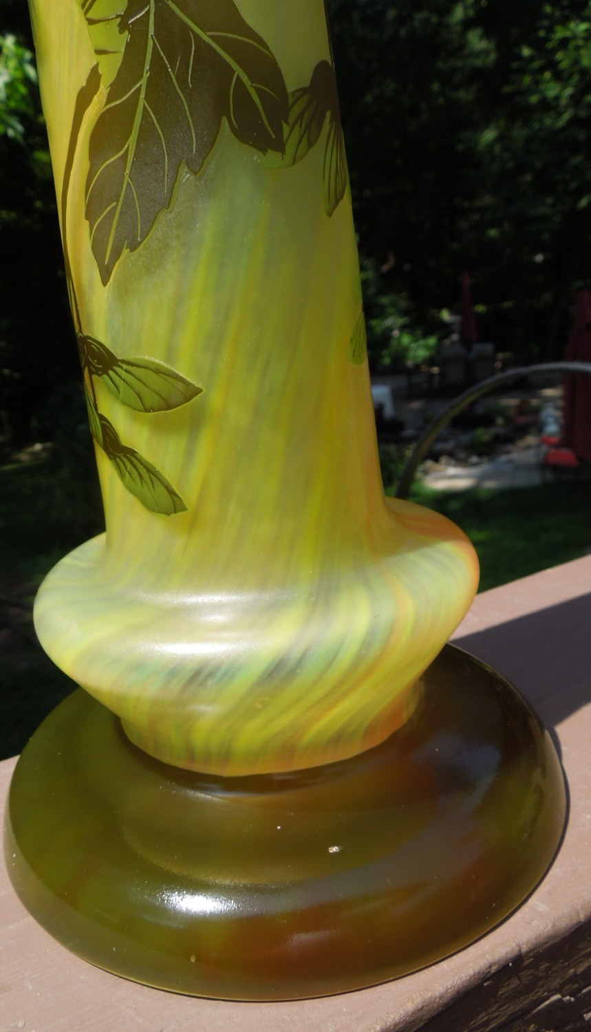 Art Deco, Style of Nancy Daum, TIP, Green Art Glass Lamp Base 17.5″ H