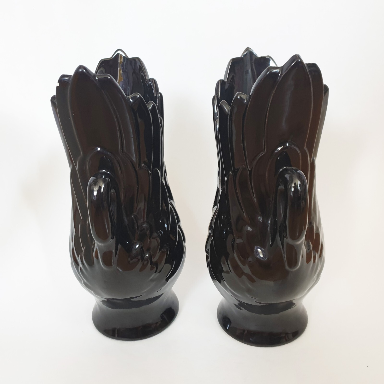Vintage Haeger Double Swan Vase Set Dark Brown Black Swans 1978 Handle Planter