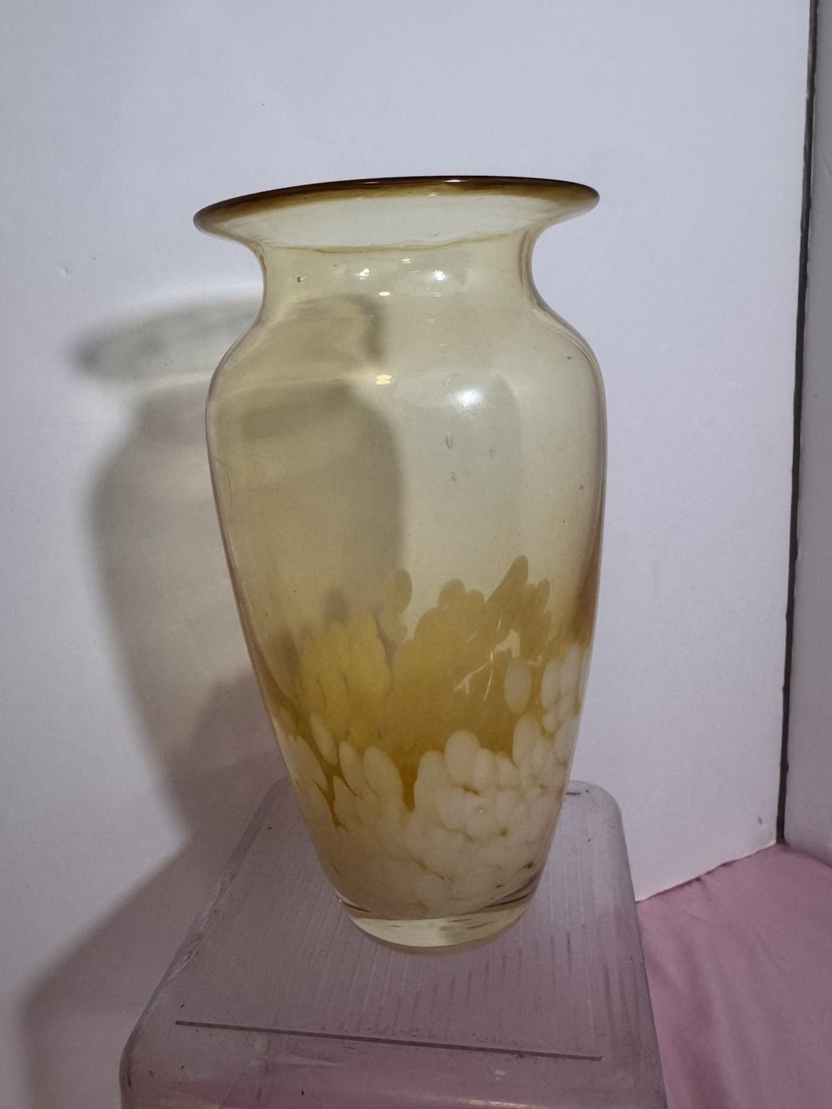 Vintage Blown Glass Vase Yellow And White Decorations Approx 8″ tall