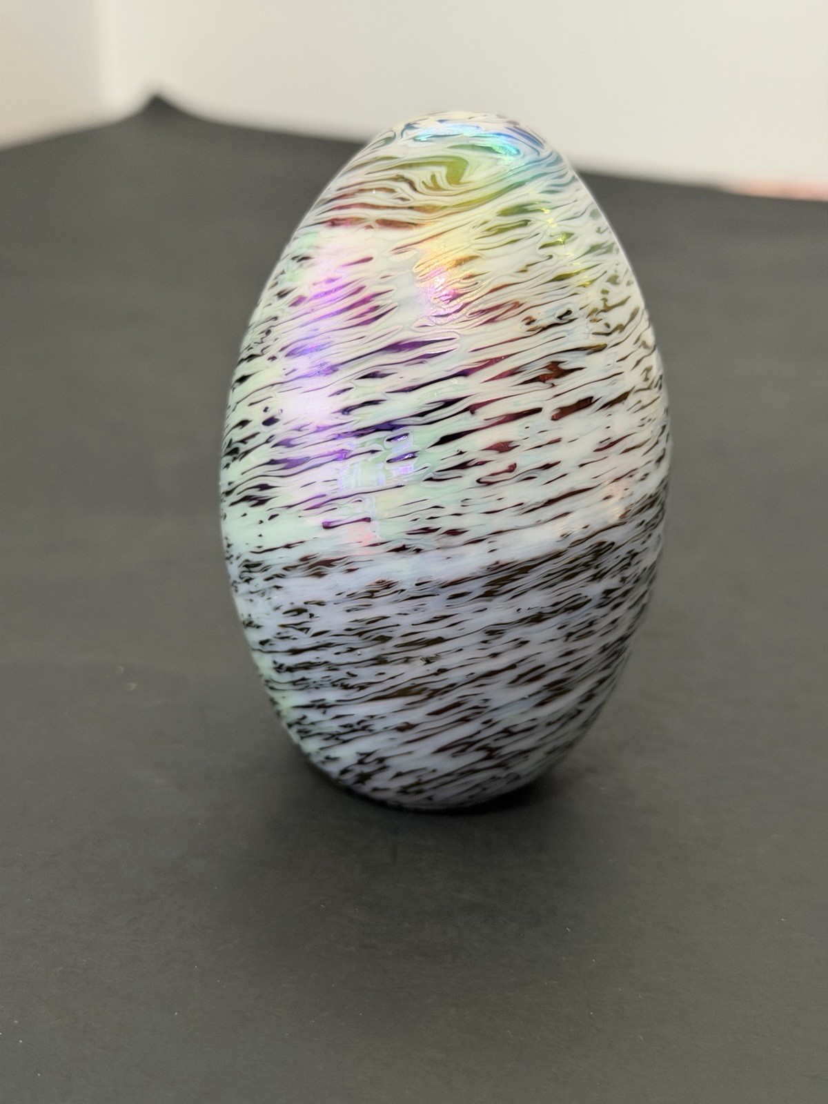 Iridescent Glass Egg Paperweight Swirl Design White/Purple/Blue~Taiwan