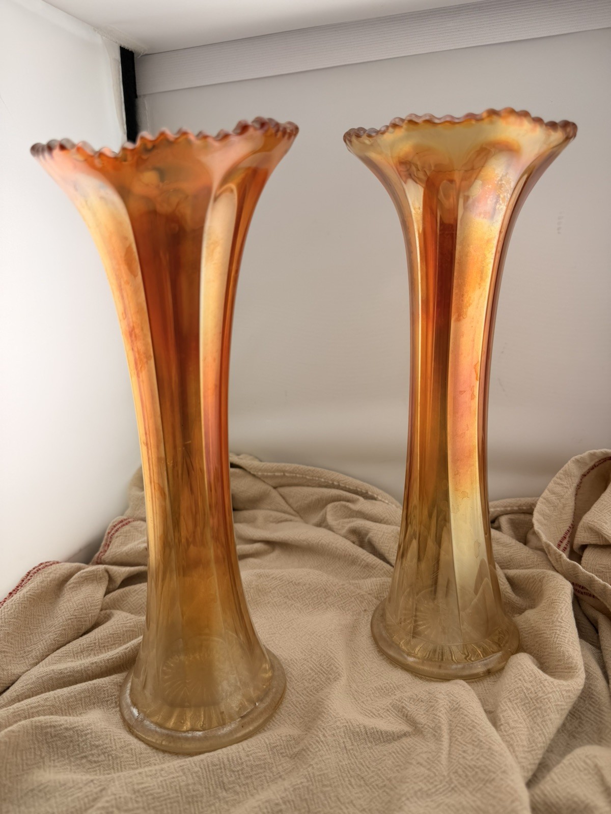 Pair Vintage Marigold Carnival Glass Trumpet Vases Ruffled Iridescent 12 In