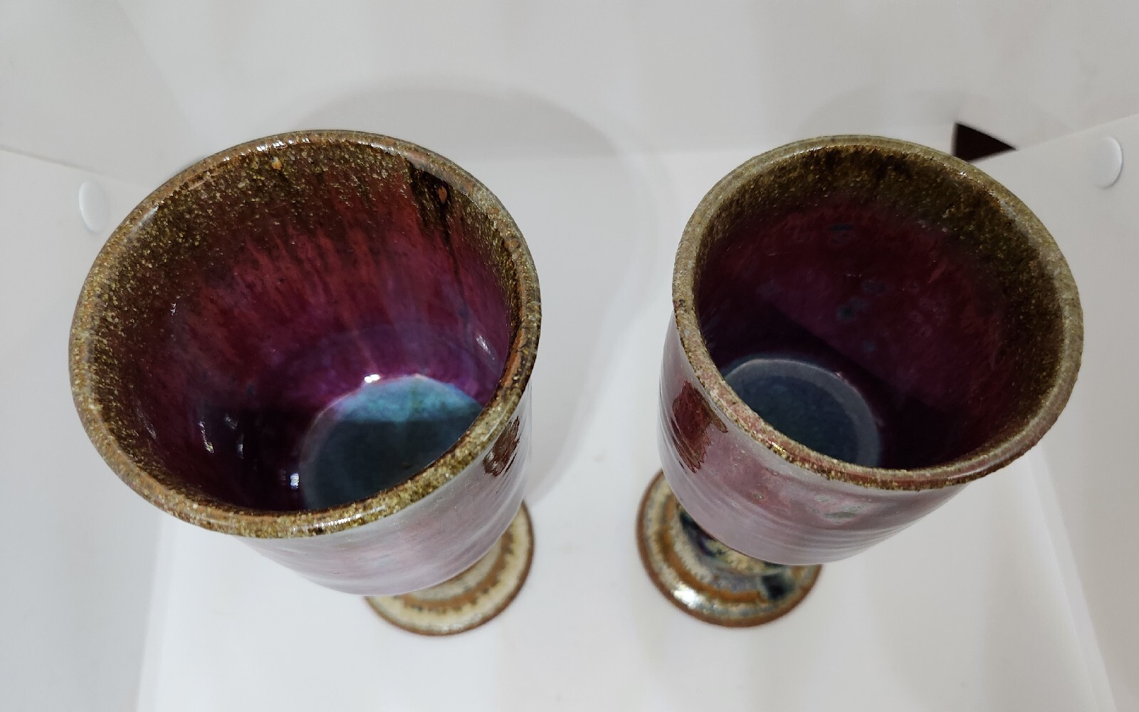 2 Signed By Glass 1977 Pottery Burgundy, Blue And Tan Wine Goblets. Clay Ceramic