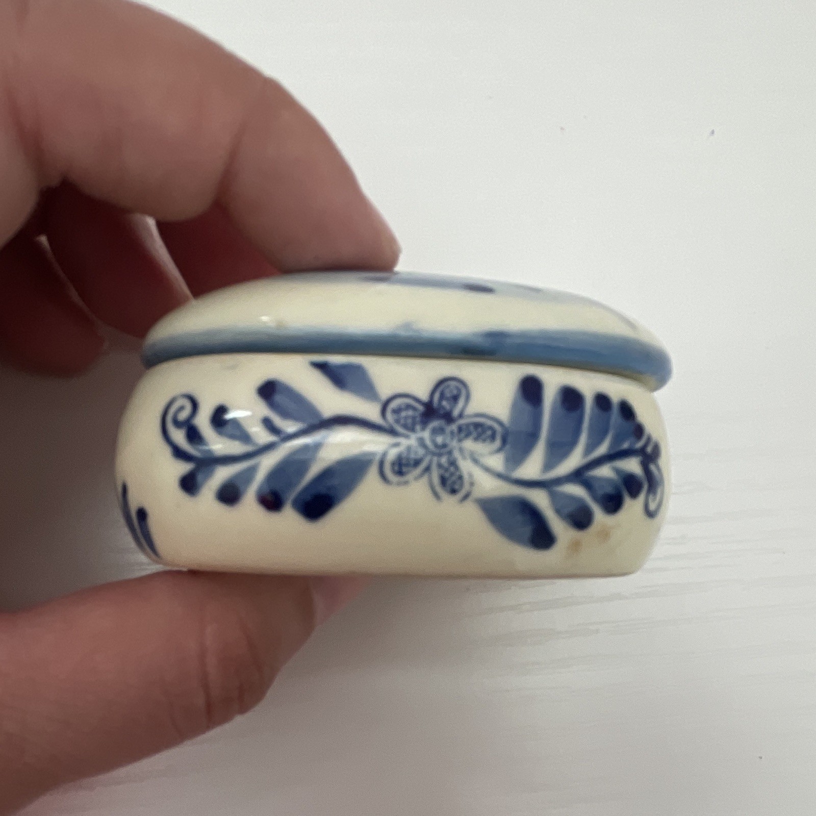 Blue & White Ceramic Oval Lidded Decorative Pill Box