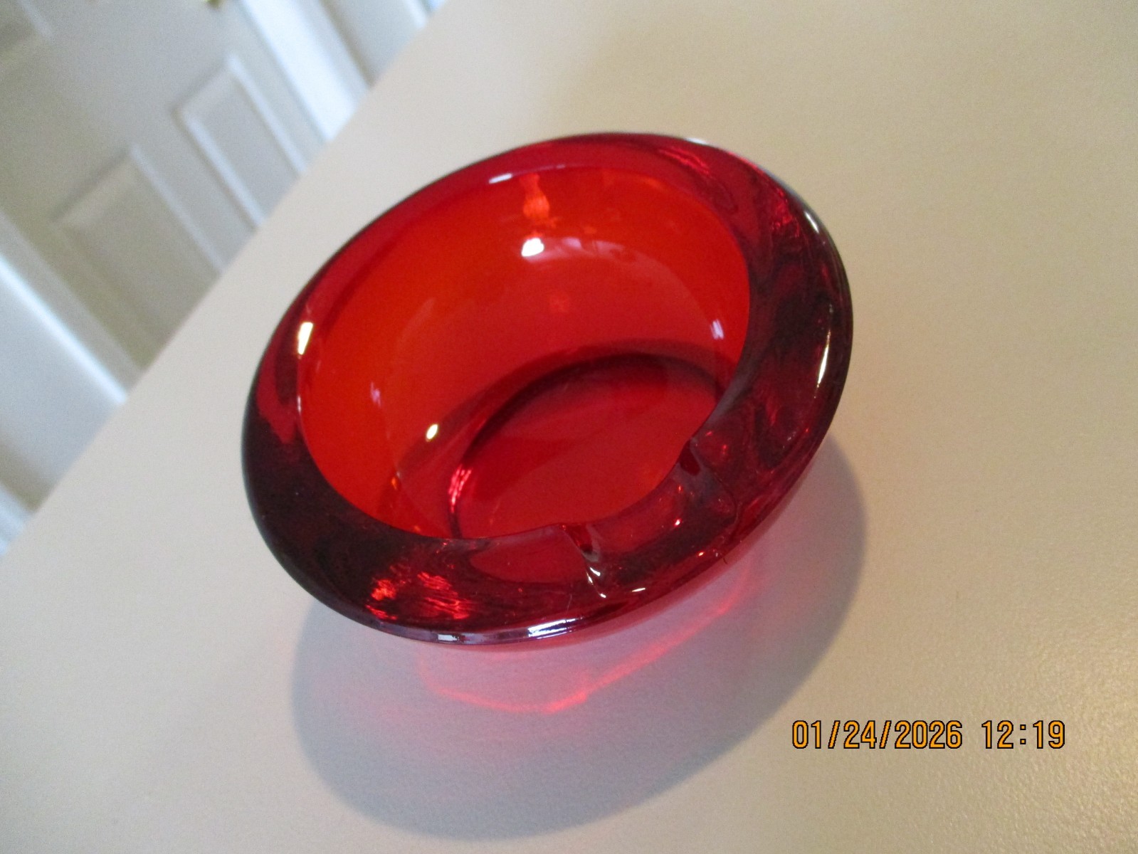 MCM Vintage Viking Glass Orb Ashtray Small Slanted Red Mid Century Modern