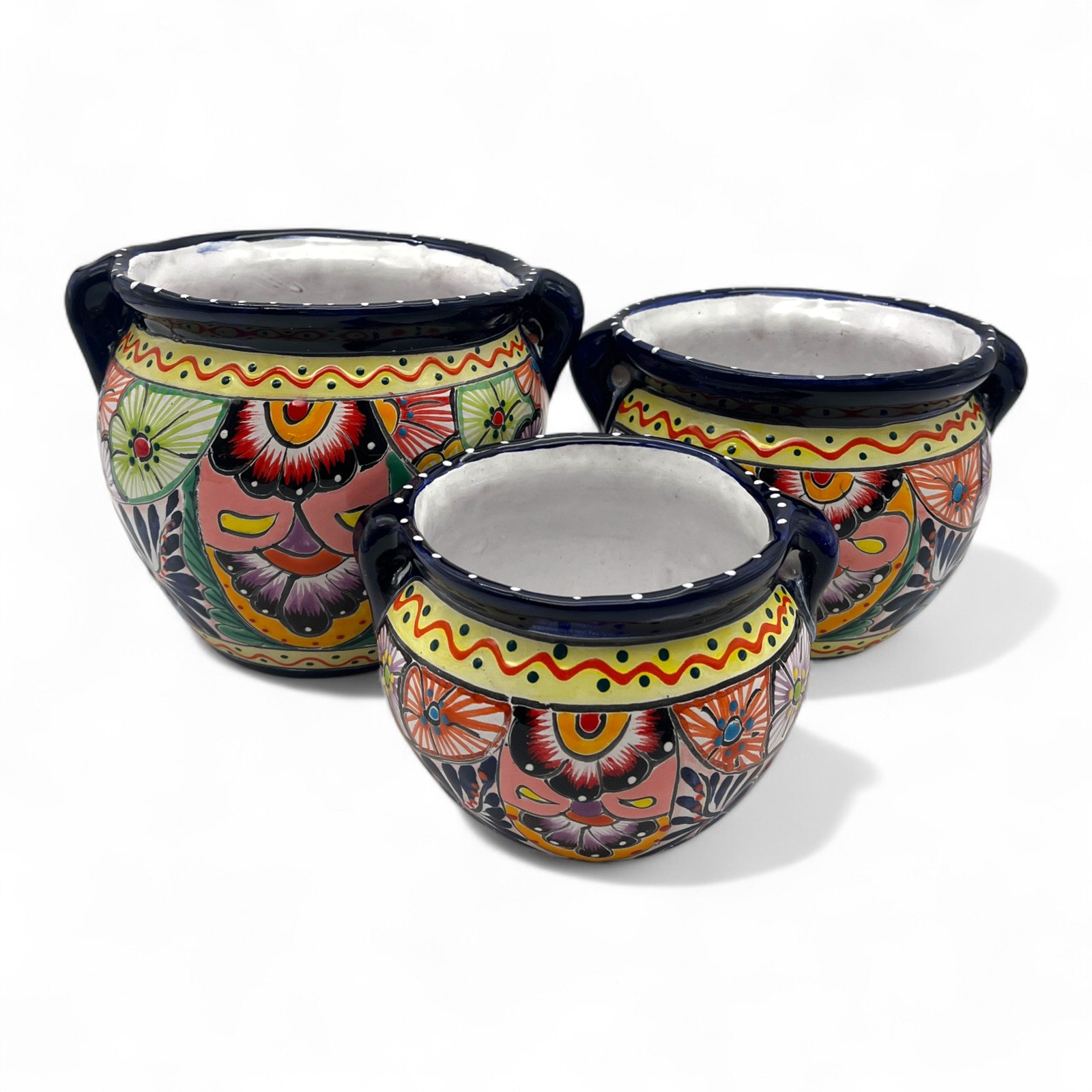 Cobalt Blue Rim Talavera Pot Trio | Hand-Painted Ceramic Planters