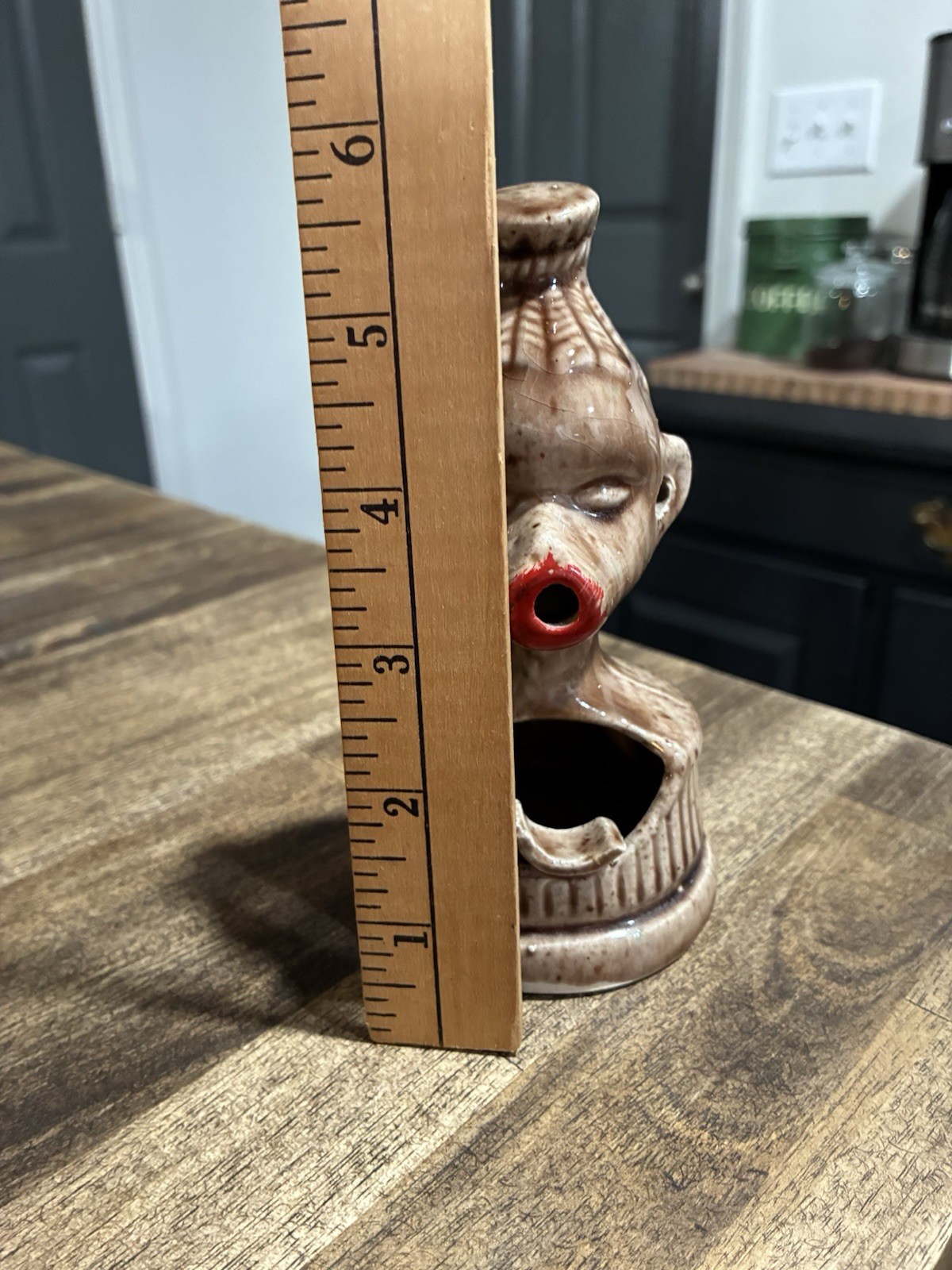 Ceramic Figural Head Ashtray Art Pottery Glossy Brown Beige Red 5.5 In