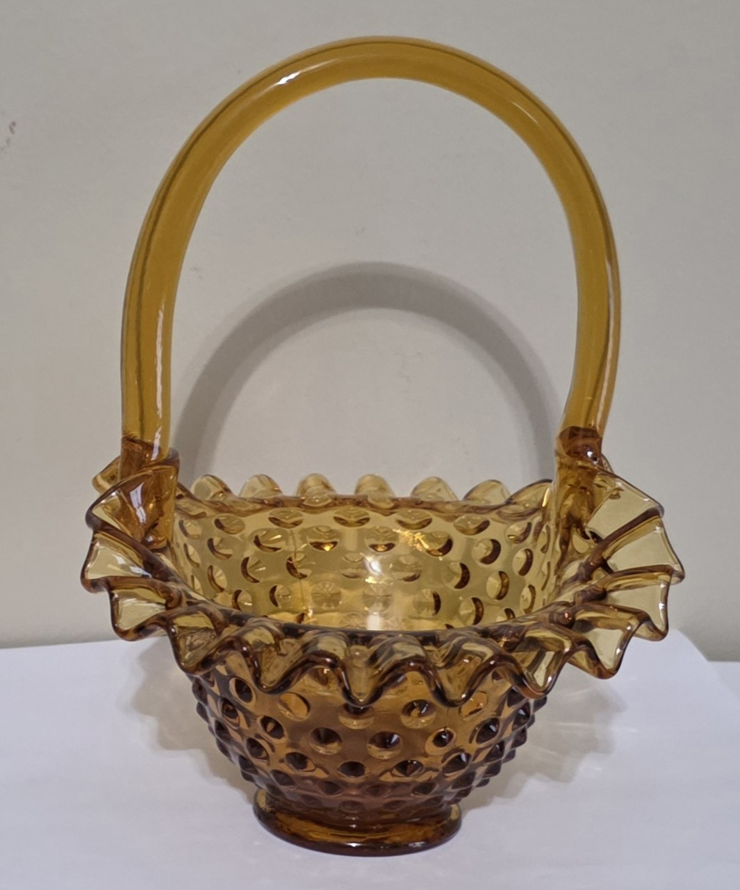 Vintage Fenton Basket Hobnail Ruffle Handle 8″ Tall Amber Art Glass Candy Dish
