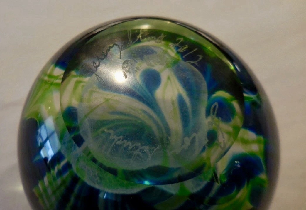 Jeremy Lotton STUDIO’S COPPER BLUE & GREEN PULLED LEAVES PAPERWEIGHT SIGNED