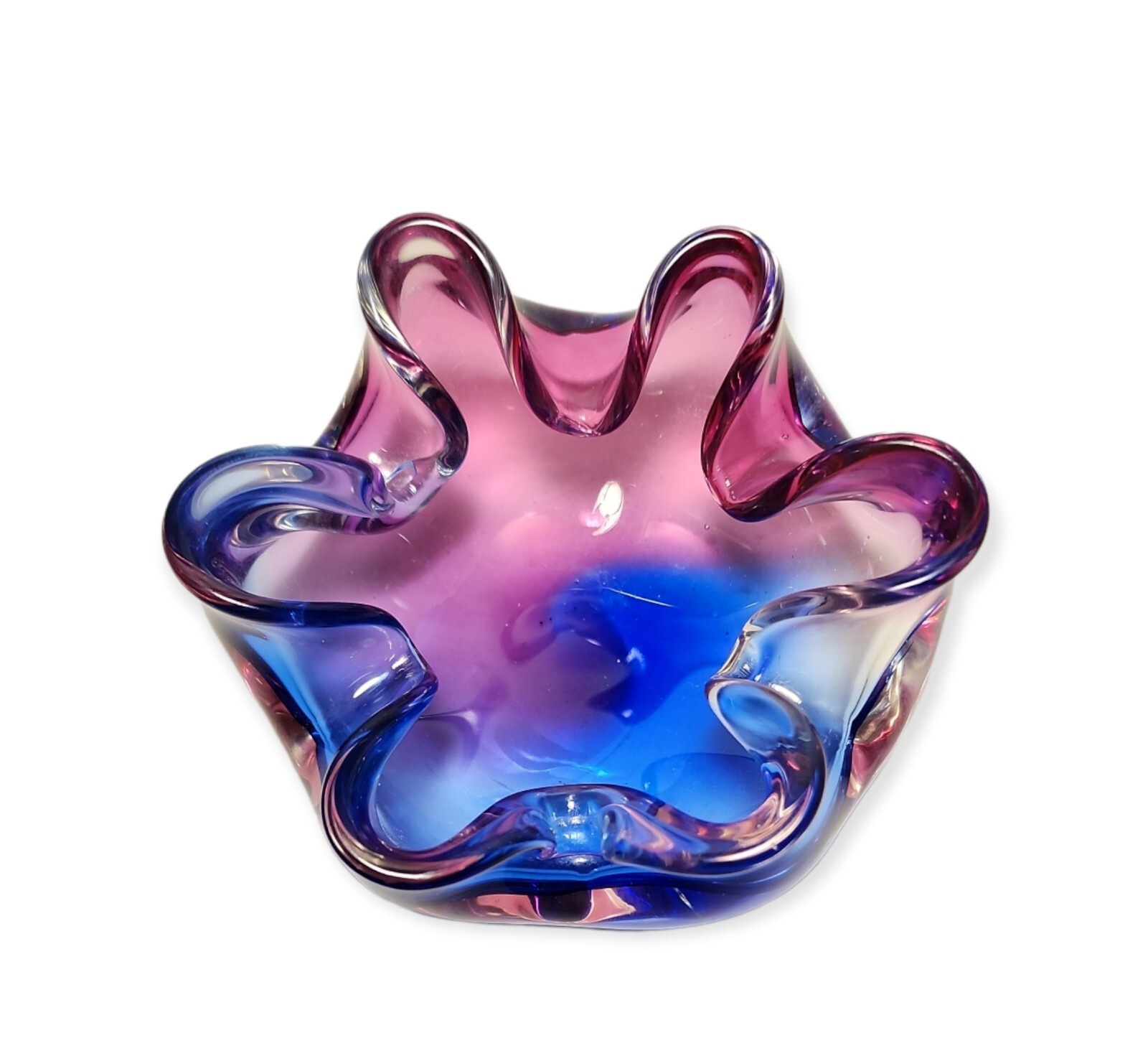 Murano Art Glass Dish Bowl Ruffled Rolled Edges Purple Blue 5″ Diameter