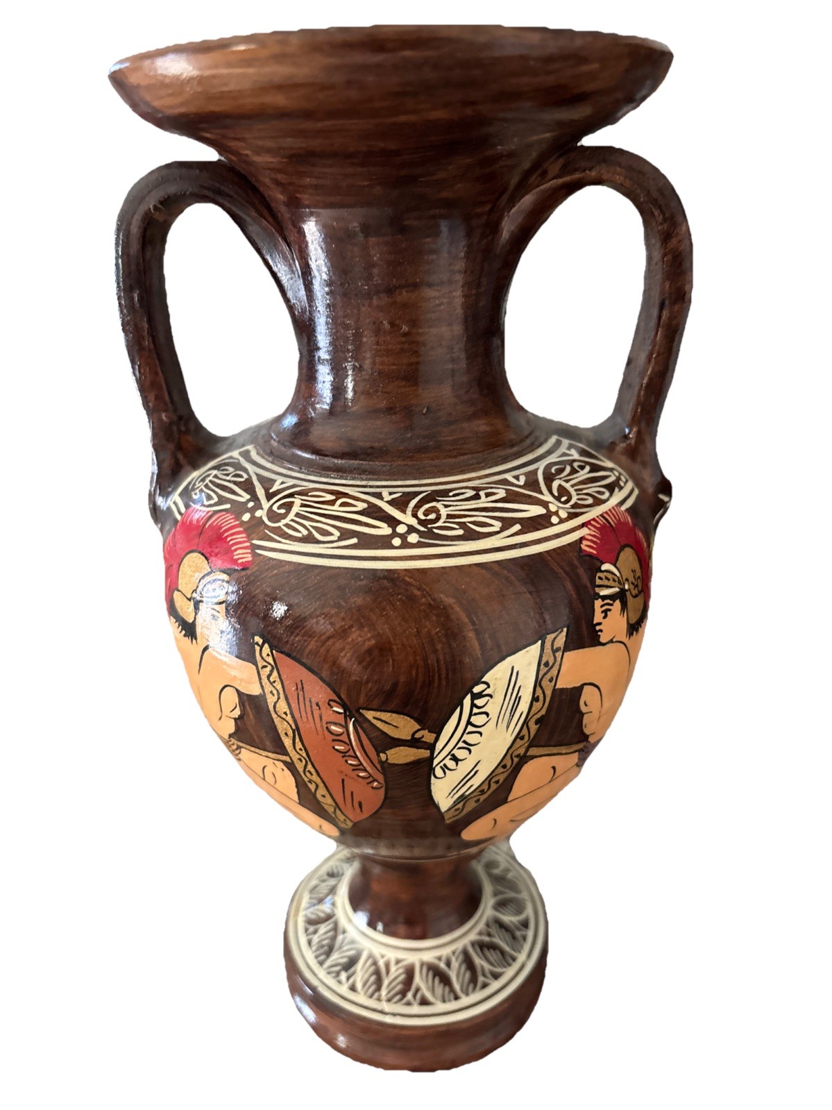Vintage Mid-Century Greek Art Pottery 9.5” Vase Set Amphora Shaped Wood Glazed