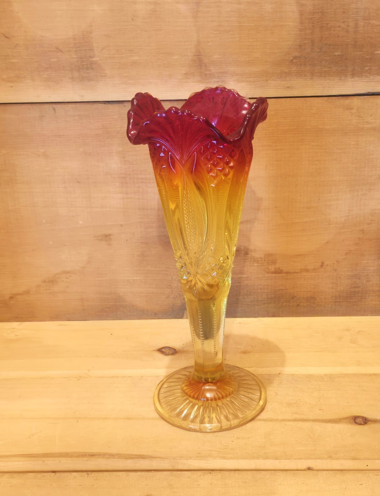 Amberina 10-1/4″H Vase with Multiple Designs. 3-3/4″W x 10-1/4″H. Excellent Cond