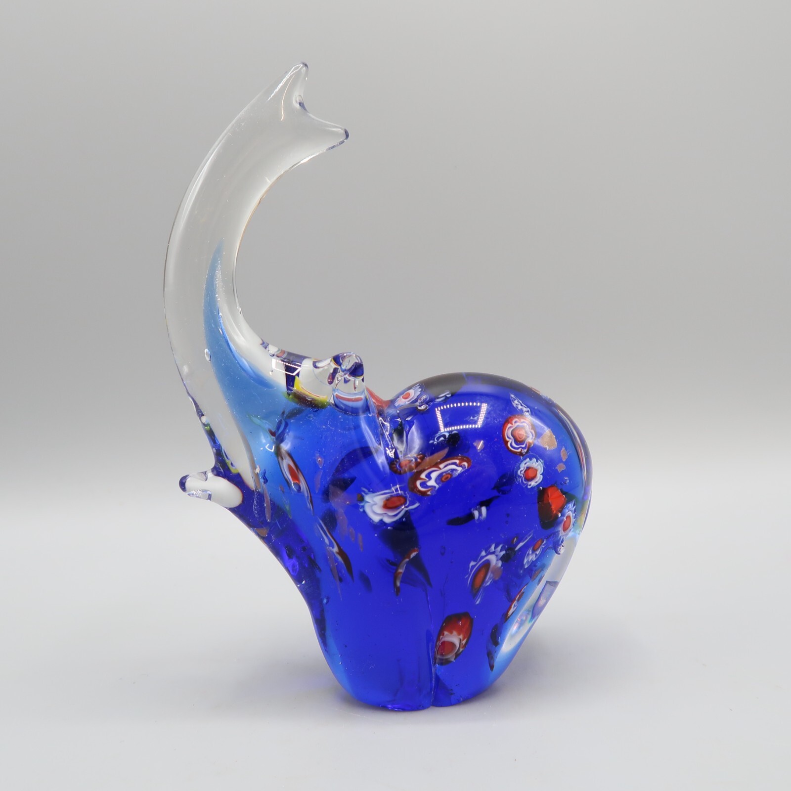 Glass Elephant Figure Figurine Paperweight Standing with trunk Up Blue Flowers