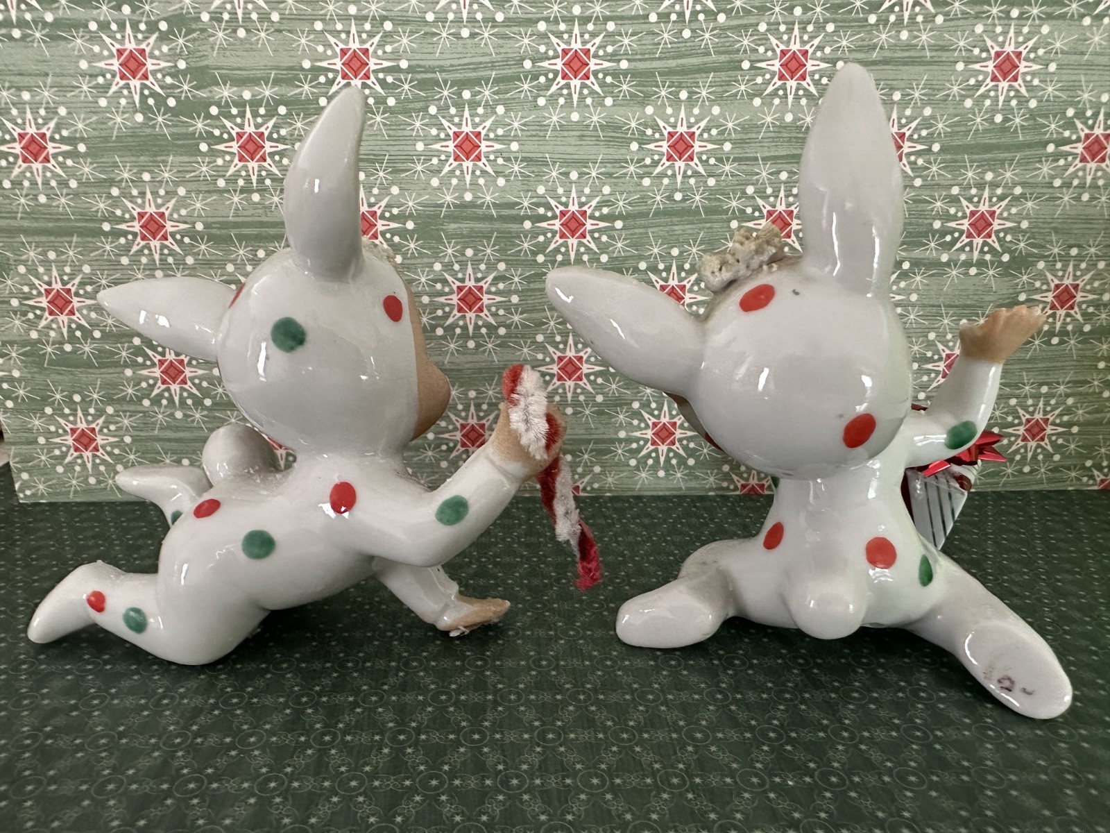 Vintage Polka Dot Pixie Bunny Figurines Japan SET OF 2 with accessories