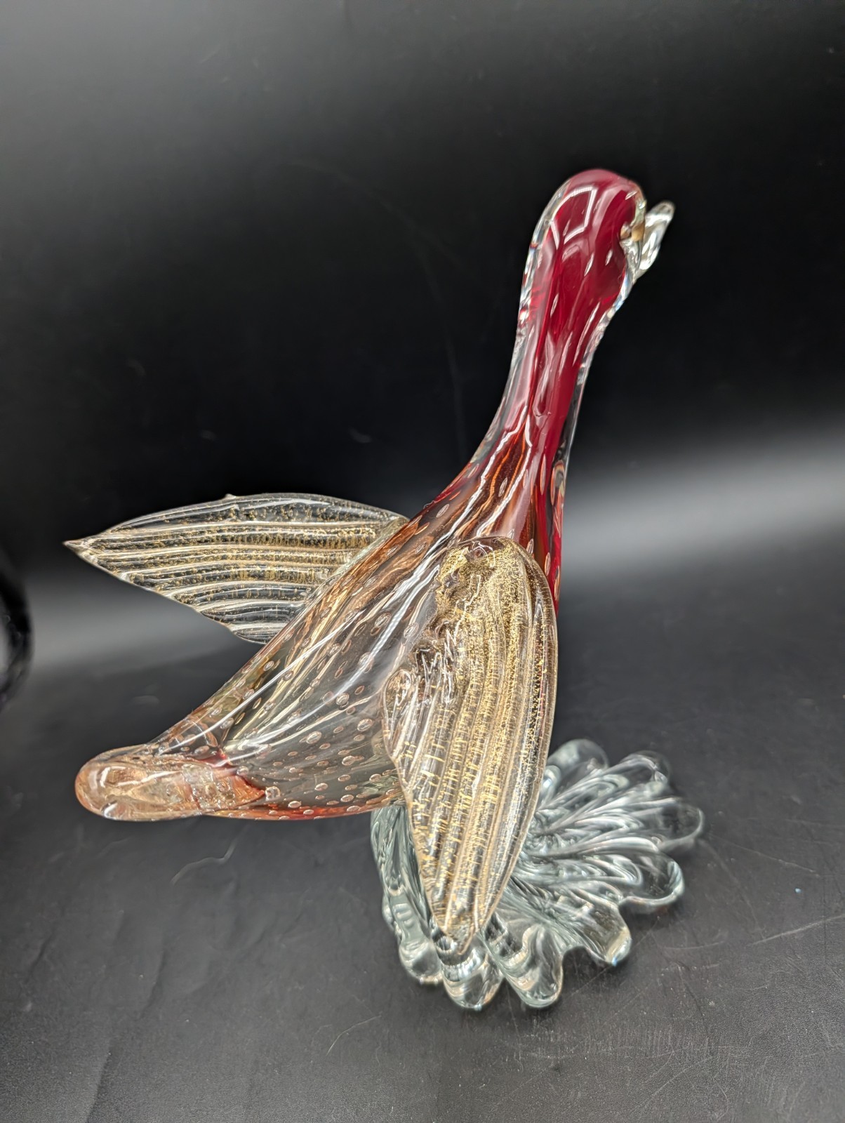 Vintage MCM AVEM Murano Art Glass Bullicante Red flying duck gold Flag Figurine
