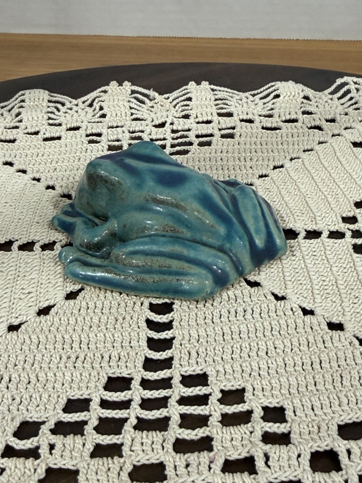 Pewabic Detroit Pottery Mottled Green Blue Frog Figurine Paperweight, Excellent