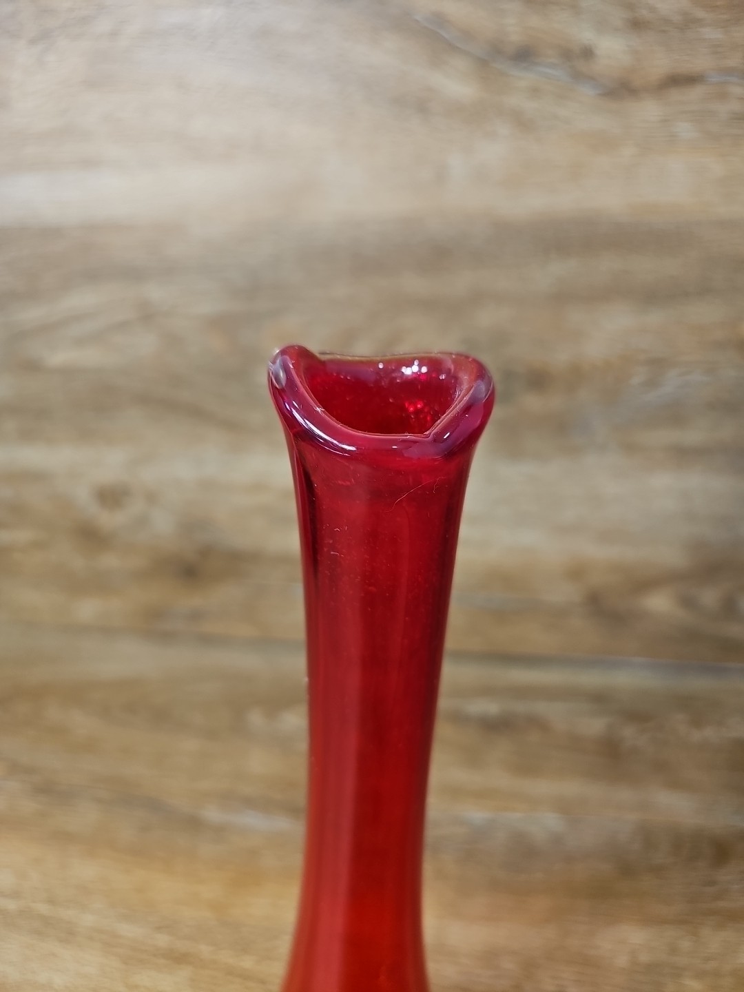 Vintage MCM Retro 1960s Art Glass RED Swung Flower Bud Vase Hand Blown 11.5″