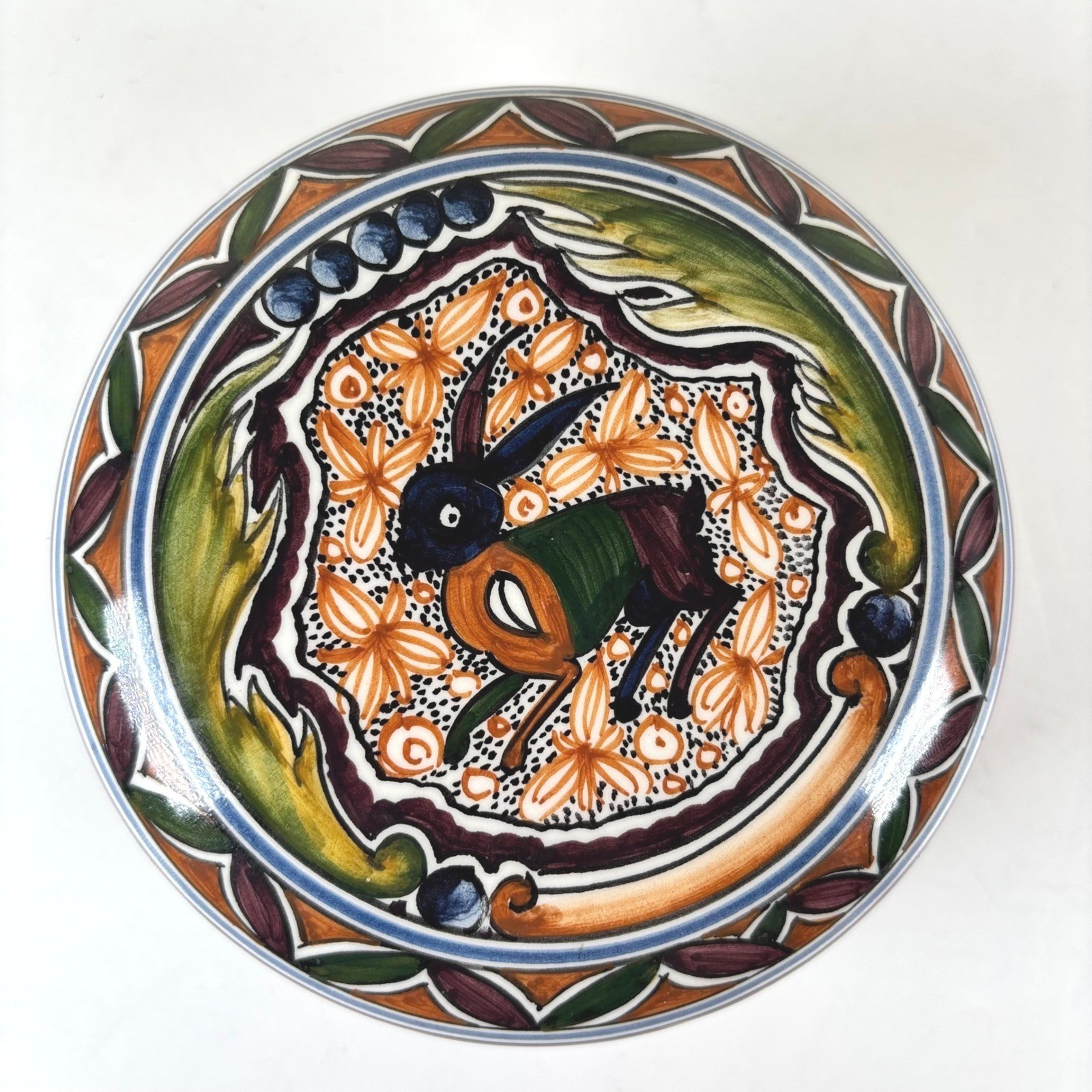 VTG Real Ceramica Hand Painted Lidded Trinket Box Rabbit Design Coimbra Portugal
