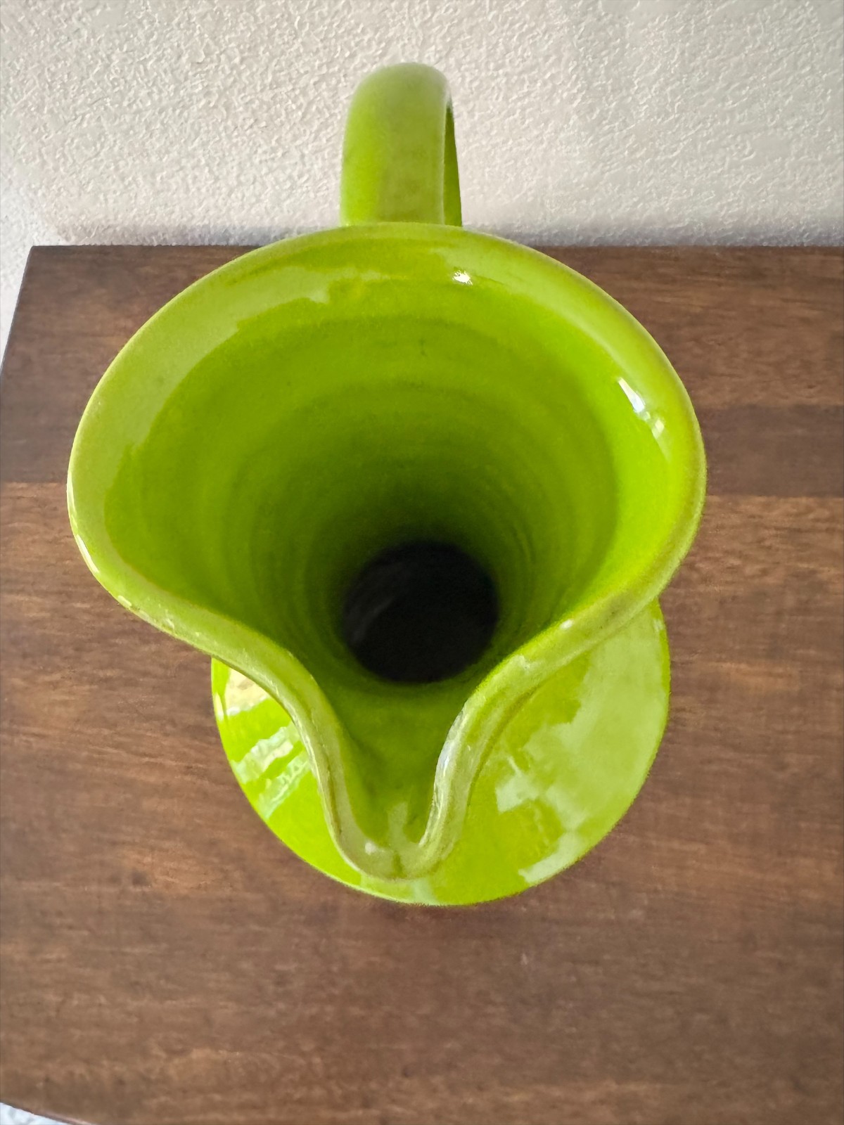 GORGEOUS Green Glazed Ceramic Pitcher Vase With Handle Mid Century Style 12”