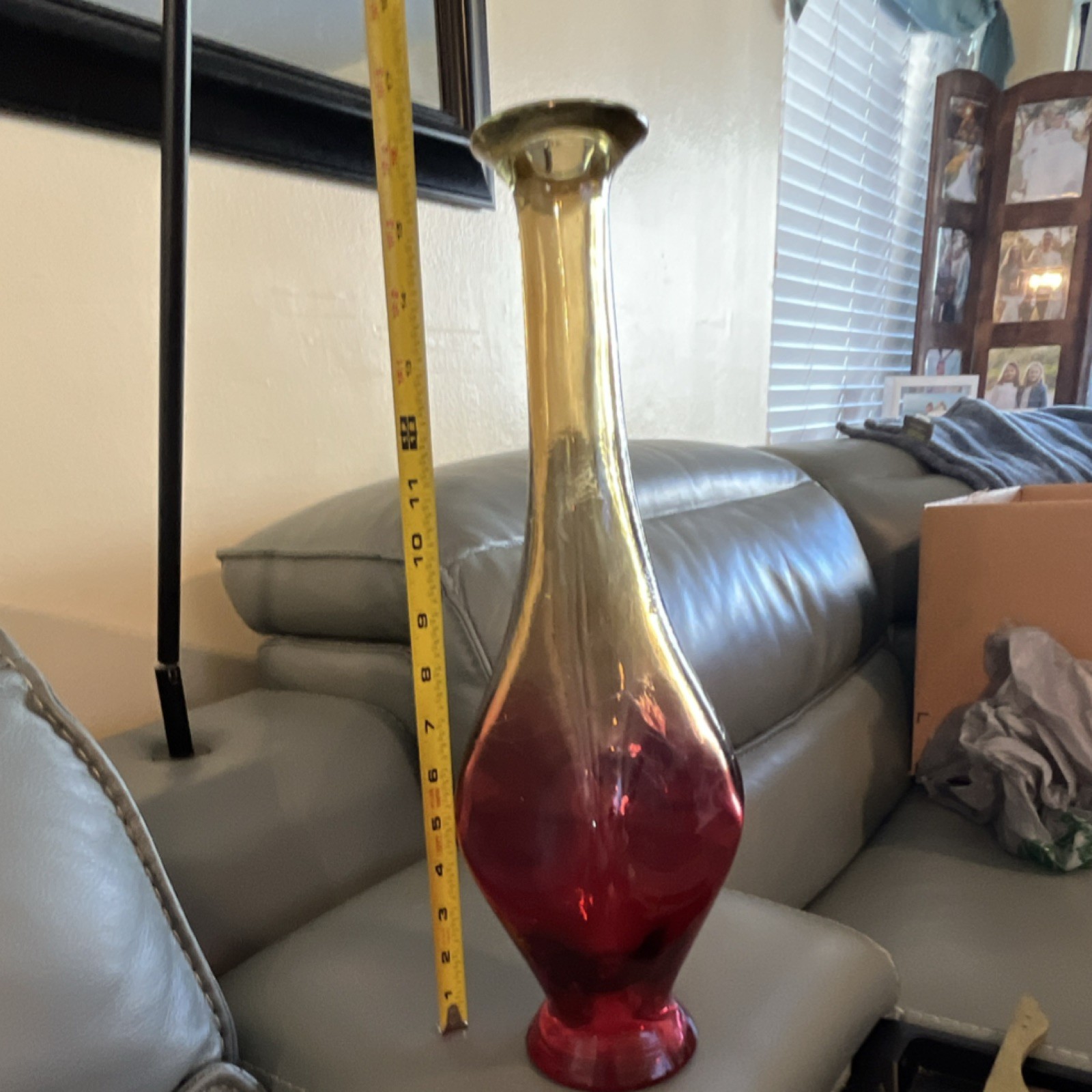 Art Glass Red Gold Tall Gradient Decorative Glossy Vase ~17 in