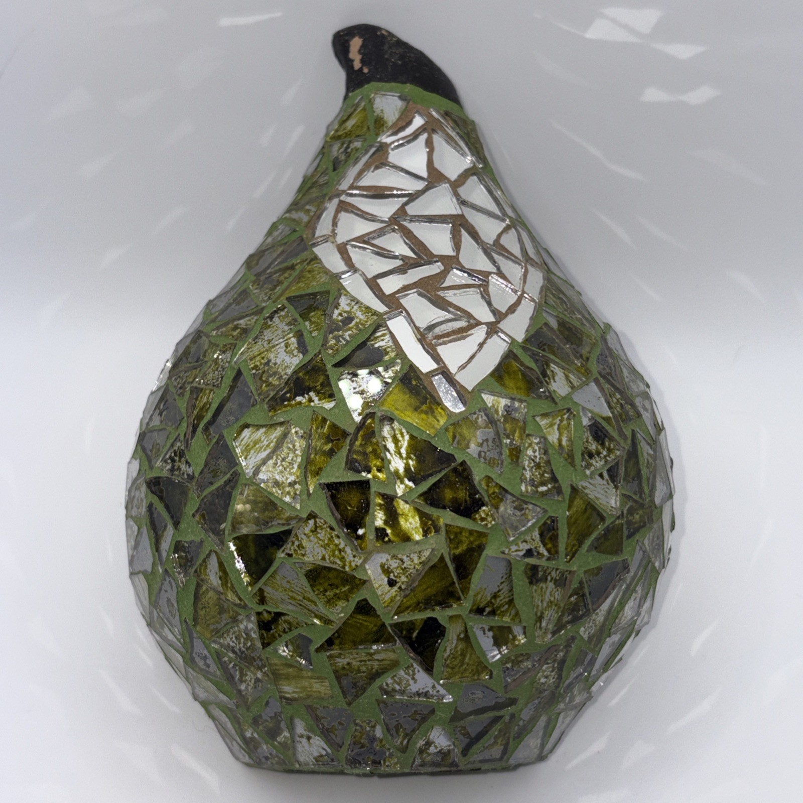 Set 2 Green Mosaic Glass Pear Figurines Hand Thrown Clay Art Pottery Decor MCM