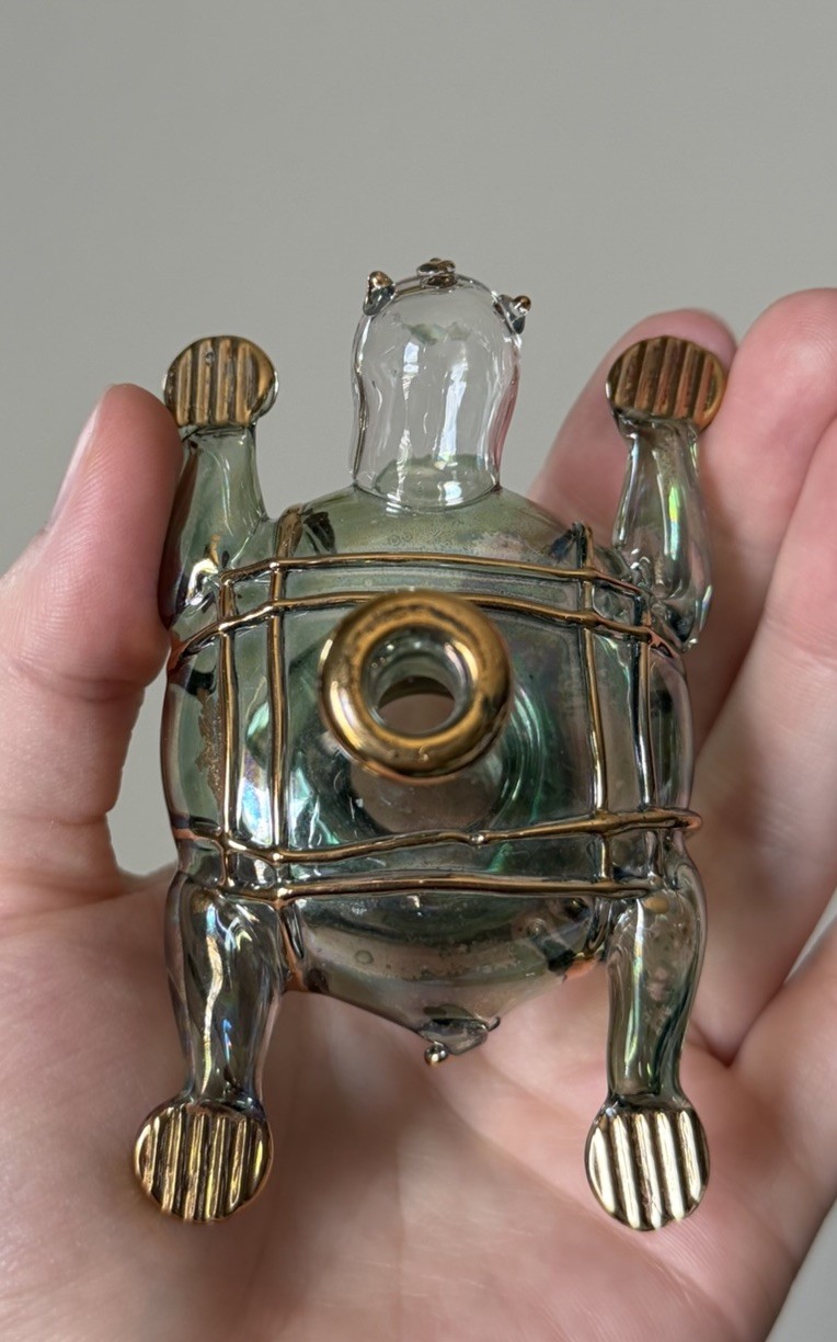 Vintage Hand Blown Turtle Perfume bottle- no stopper – Gold Accents