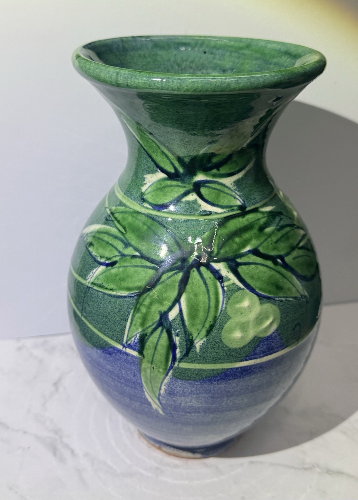 Handmade Pottery Red-ware Flower Vase Blue Green Leaves 10″ Made In France