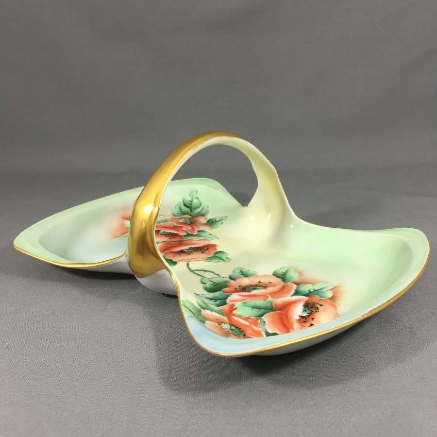 Vtg Handled Poppies Floral Basket Bon Bon Tray Candy Dish Hand Painted Signed