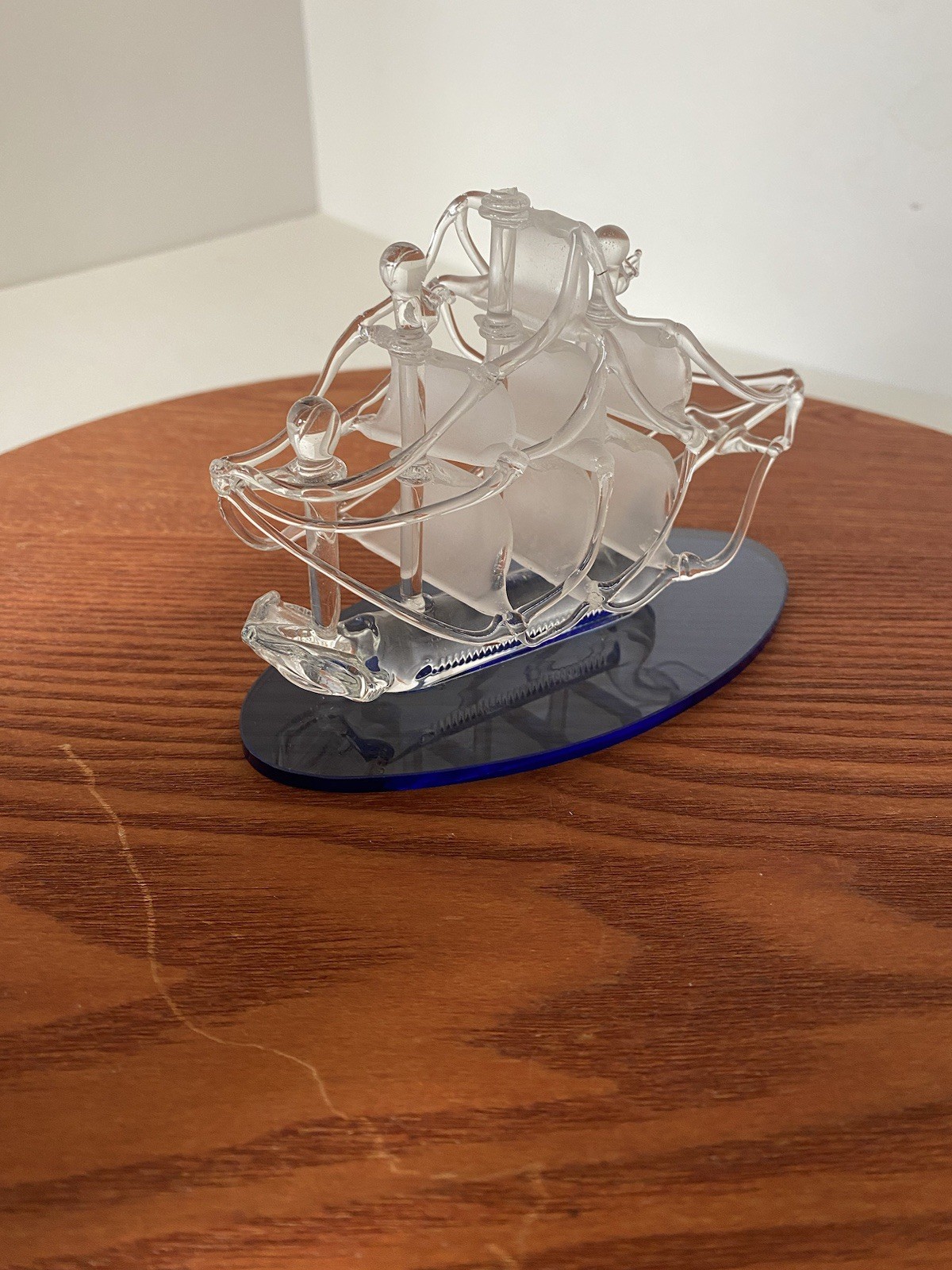 Vintage Hand Spun Glass Figurine Sailboat Pirate Ship Blue Base New
