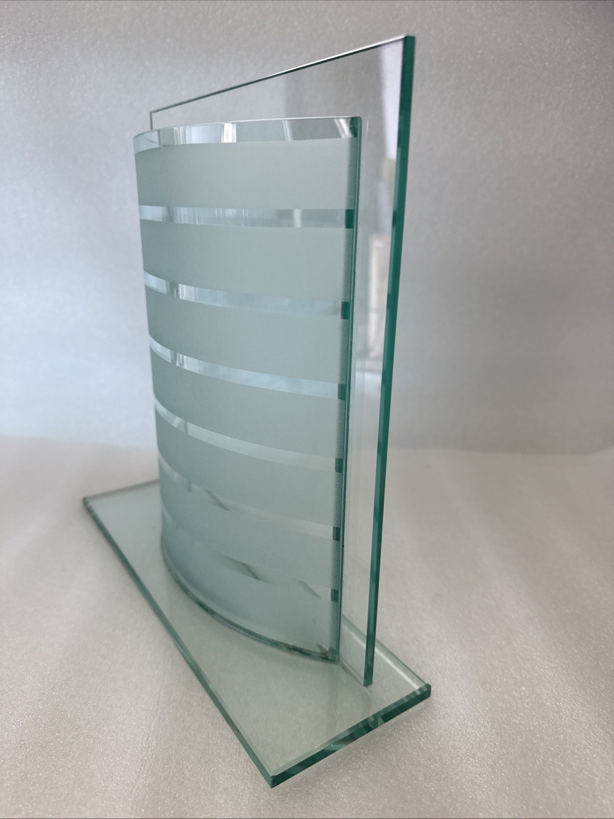 Modern Art Glass Vase or Planter Unique Bowed Etched Horizontal Stripes 9.5″x10″