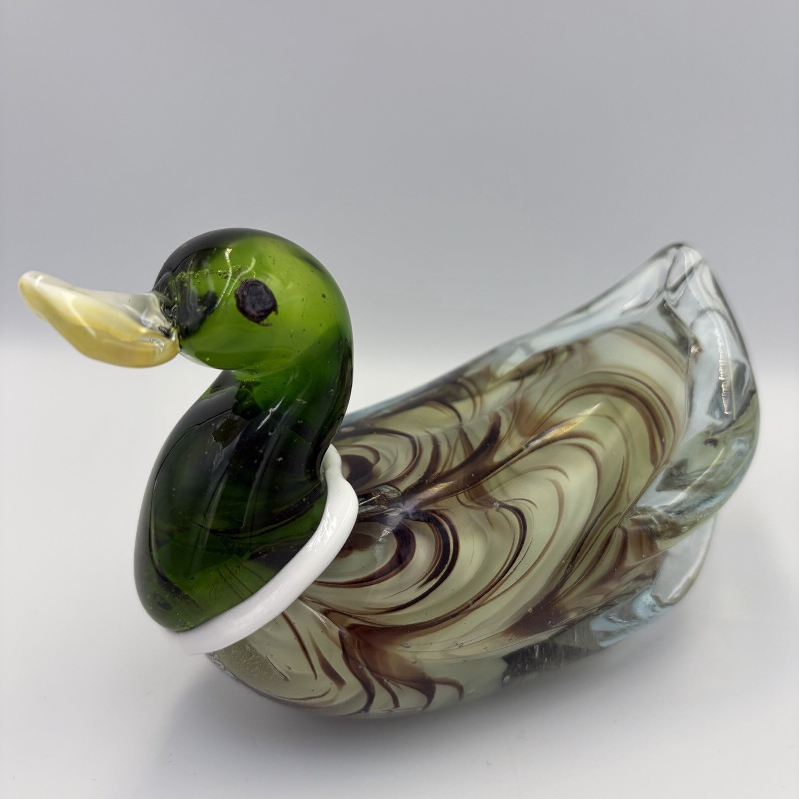MCM Murano Art Glass Mallard Duck Silver Color Flecks Mouth Blown Heavy