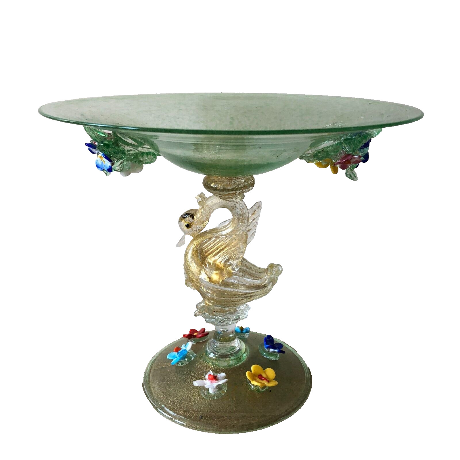 Vintage Barovier & Toso Venetian Glass Large Gold Swan Compote